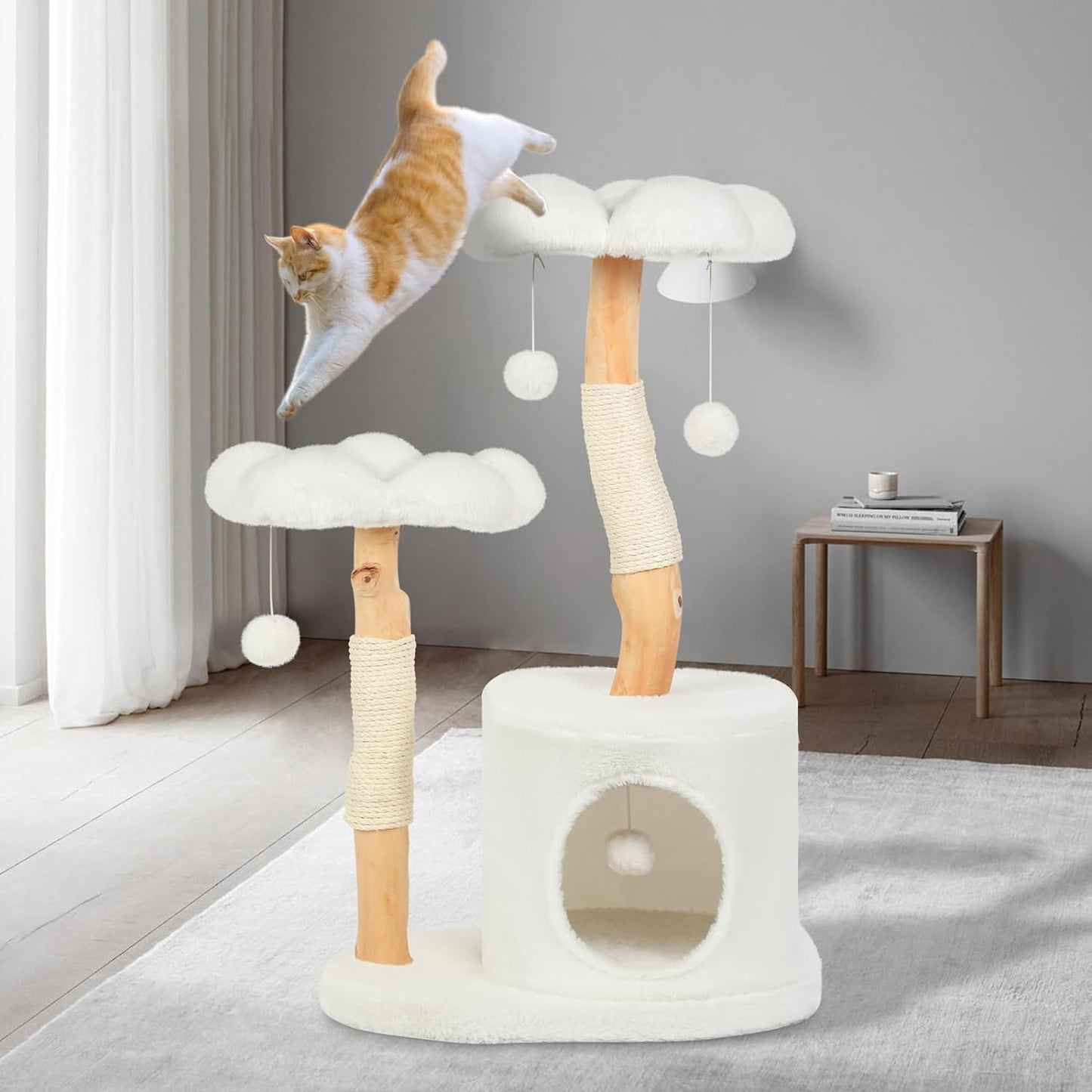 Cute Cat Tree Tower for Indoor Cats Adult, Wood Flower Cat Trees with 6 Pompoms, Modern Cat Tree Tower with Scratching Post, Aesthetic Luxury Cat Condo for Cats Kitten, Alpine White