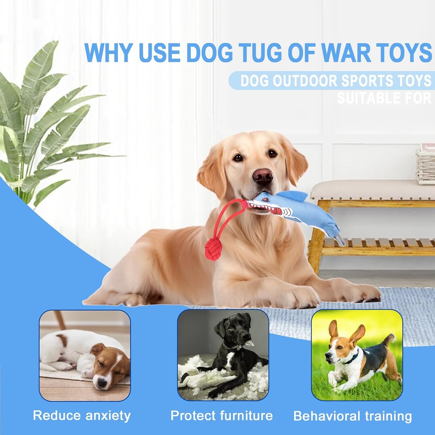 Dog tug of war Toy with Handle,Interactive Dog Toys with Squeak for Aggressive chewers, Durable Bungee Cord Toy with chew Ball