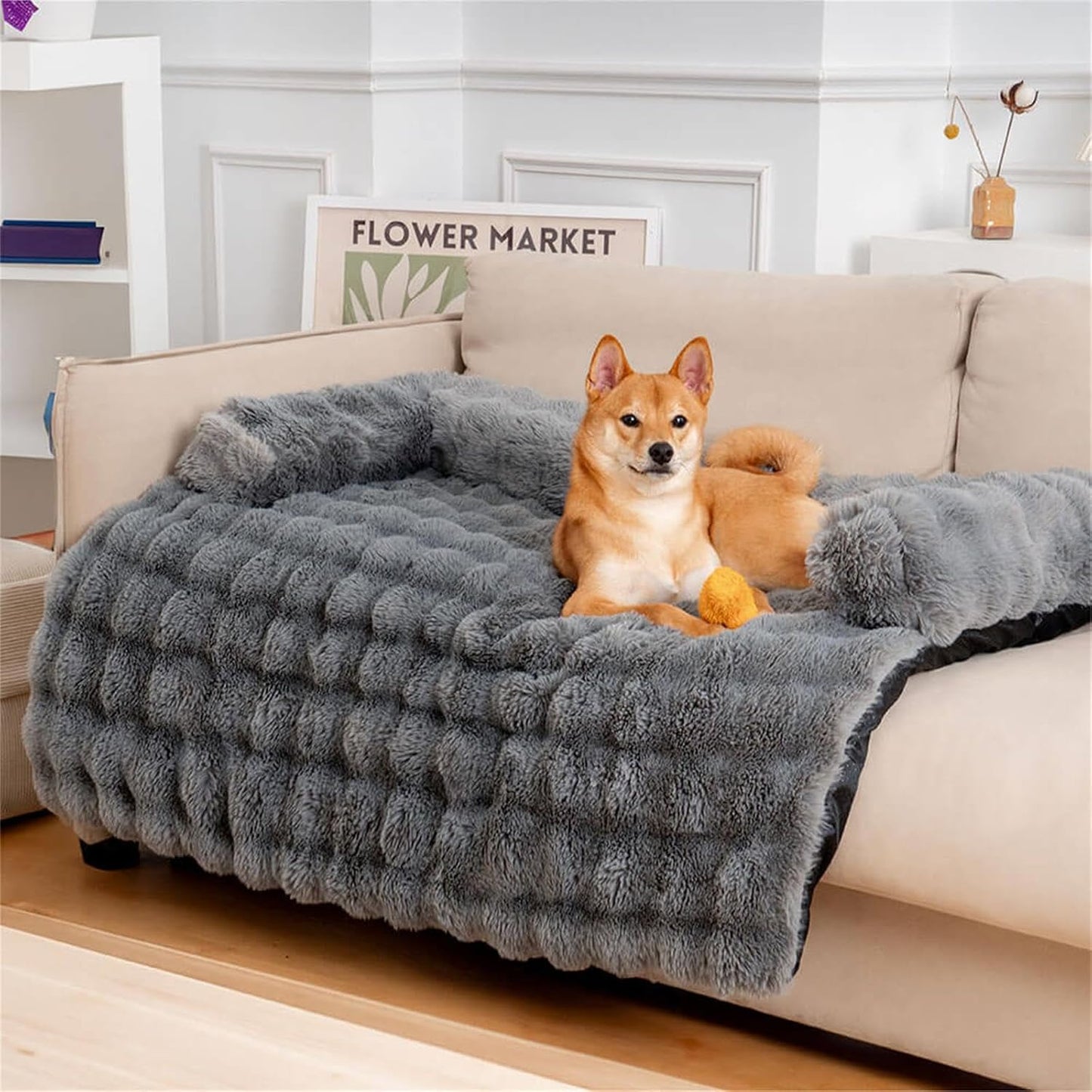 FUNNY FUZZY Pet Fluffy Plush Calming Dog Couch Bed Sofa Protector Washable Pets Mat for Large Medium Small Dogs and Cats (Grey,47.24 × 37.4 × 6.3 in)