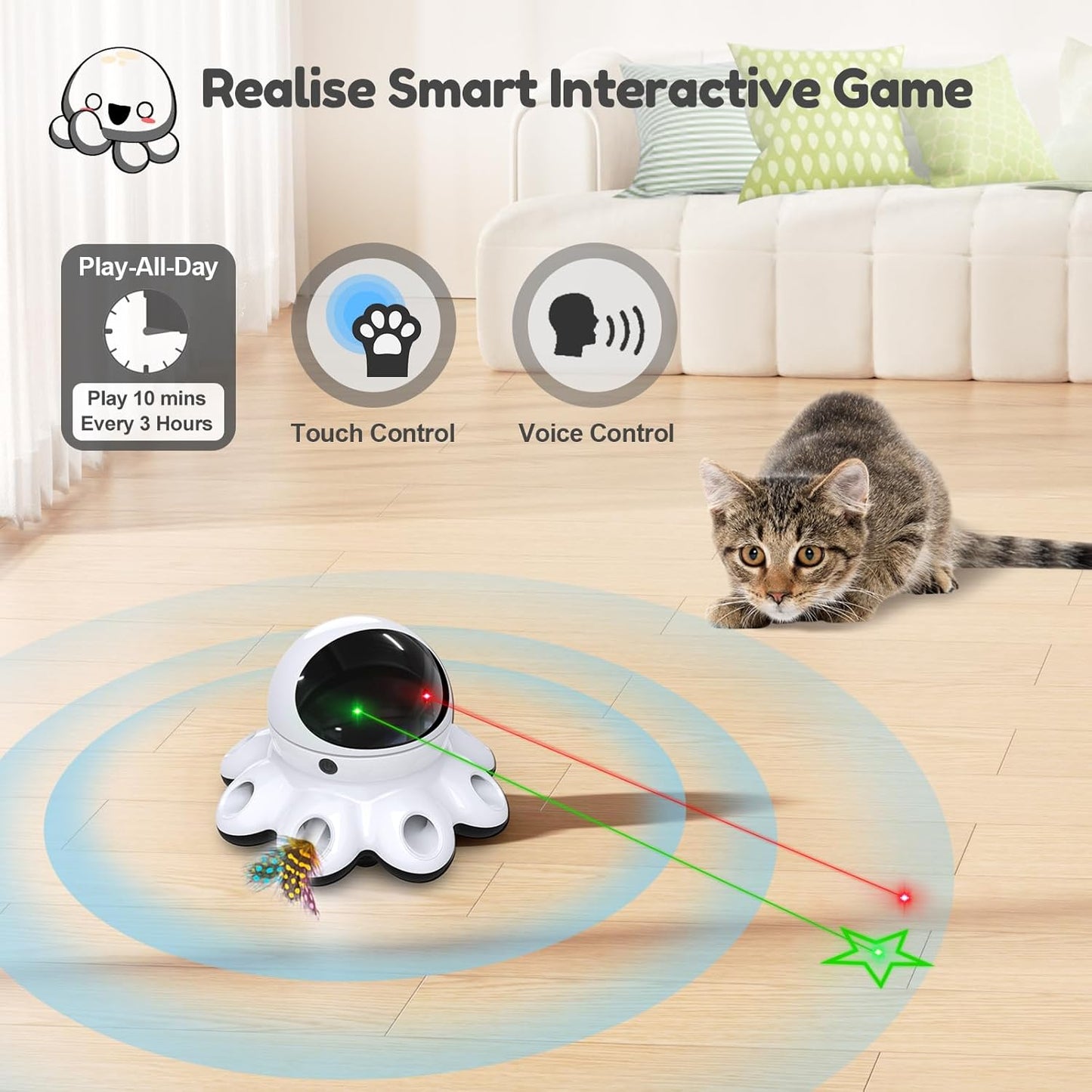 ORSDA Cat Laser Toy, 2-in-1 Interactive Automatic Motion Activated Moving 8 Holes Whack A Mole Feather, USB Rechargeable Electronic Smart Sensor Kitten Toys for Indoor Exercise