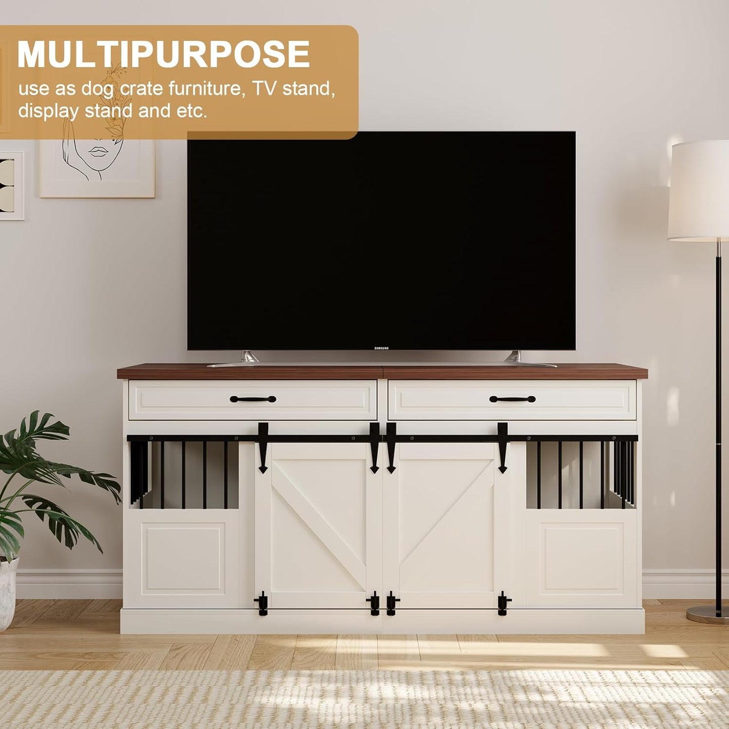 Large Dog Crate Furniture - Wooden Indoor Dog Kennel Furniture for 2 Dogs with Sliding Barn Door and Removable Divider, Heavy Duty Dog Crate Table, 63" L x 23.6" W x 31.5" H, White