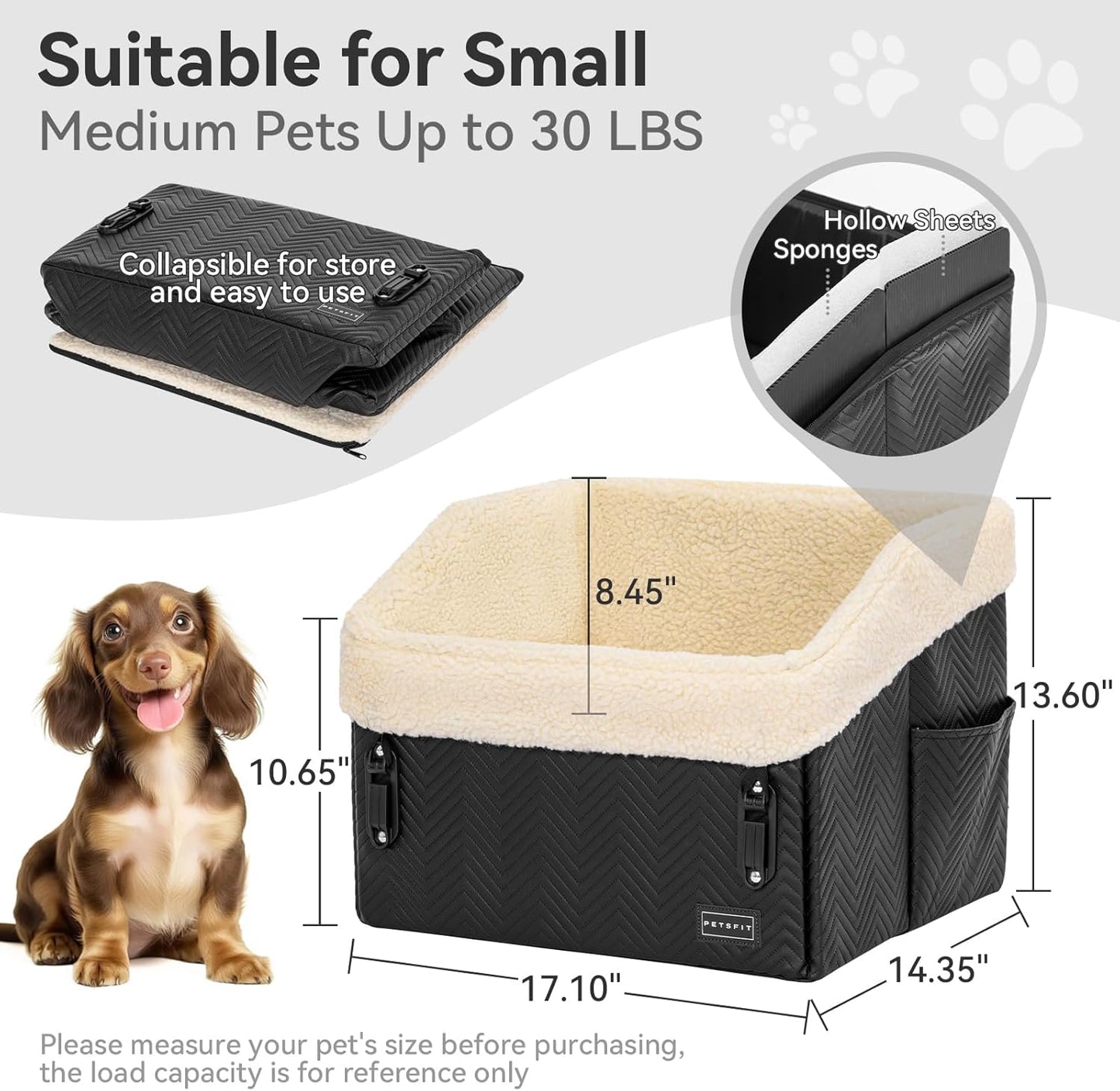 PETSFIT Small Dog Car Seat, Waterproof PU Leather Dog Booster Car Seat with Patented Safe Buckles, Detachable Dogs Seat Belt for Car, Dog Car Seat Medium Sized Dog up to 30 lbs (Black)