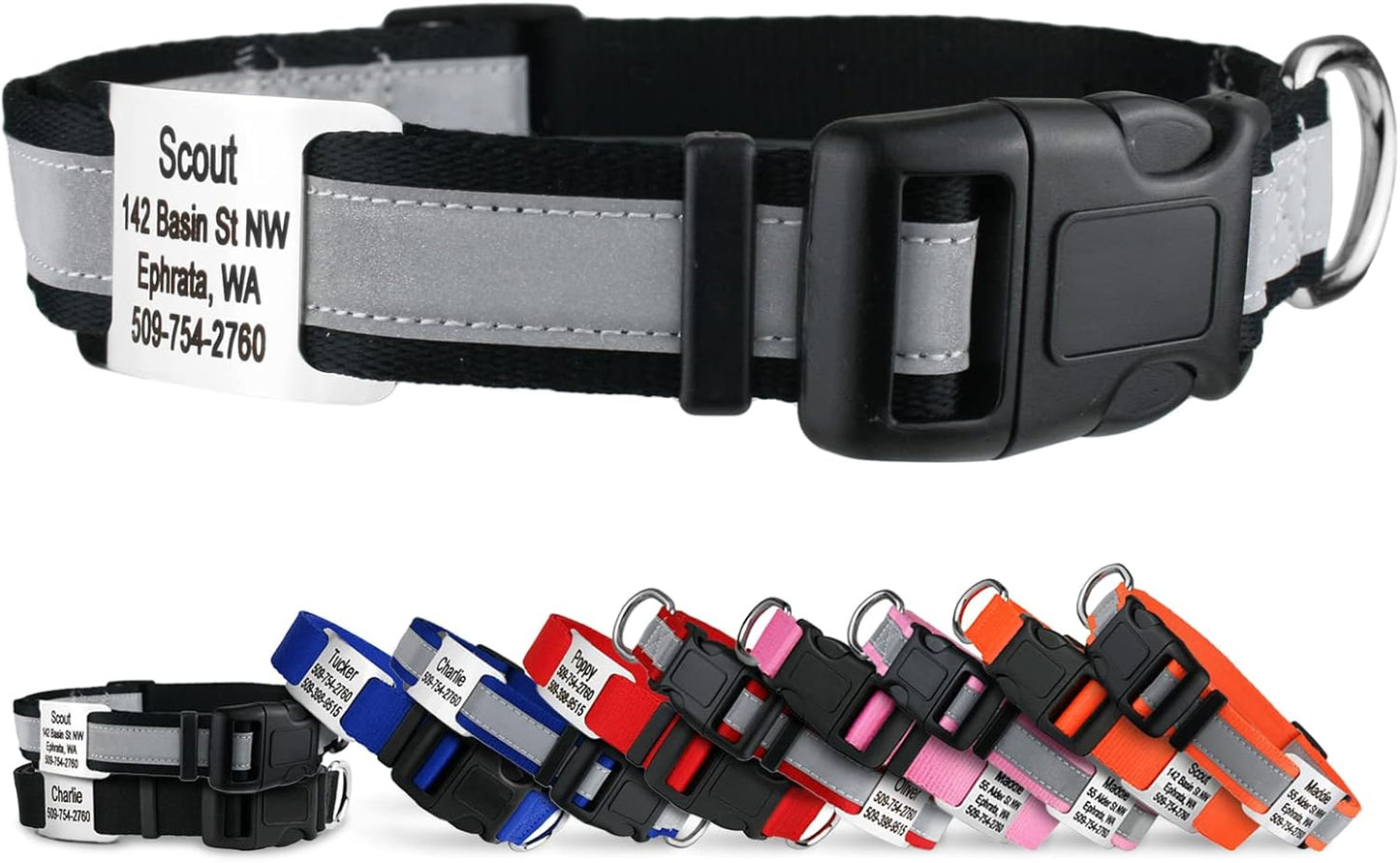 GoTags Reflective Personalized Dog Collar with Nameplate, Adjustable Dog Collar with Custom Engraved Steel Slide On Pet ID Tag, Silent, No Noise Dog Tag for Large Medium or Small (Black, Medium)