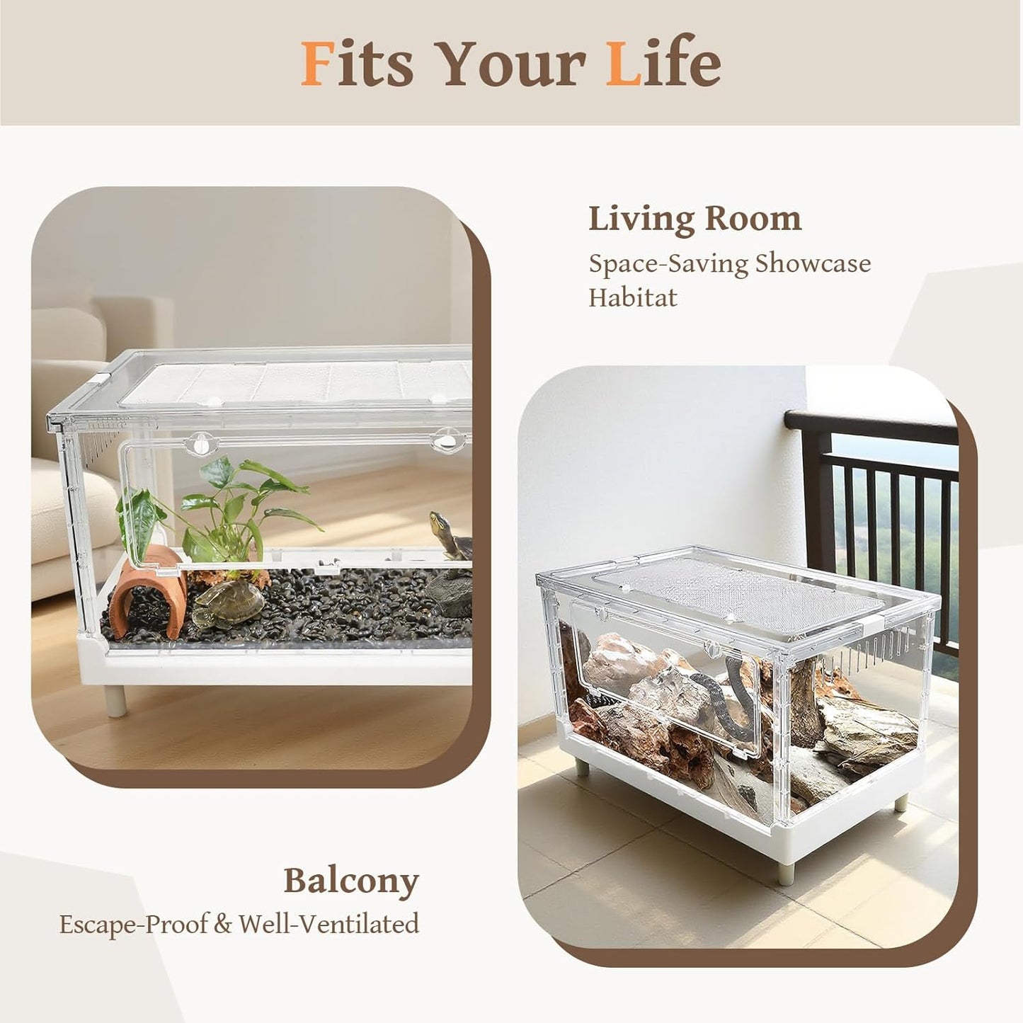 Large Clear Foldable Reptile Habitat Cage - Easy Assembly, Front Opening, Escape Proof Lock, for Hamster, Lizard, Hedgehog, Small Animals (27.5" L x 17" W x 15.5" H)