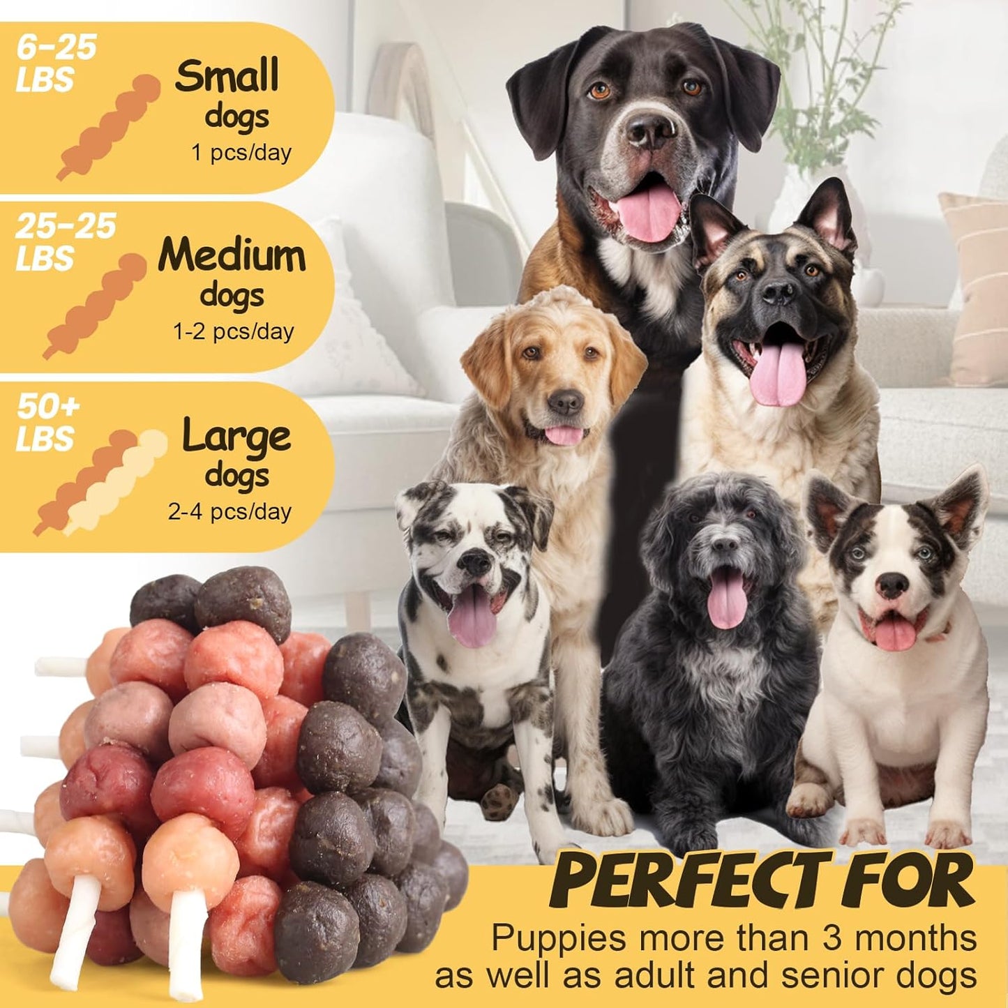 ASMPET Dog Treats Chews, Multi-Flavor Dog Kabob Snacks, Made with Chicken, Duck, Salmon, Rabbit and Beef, Rawhide Sticks for Dogs