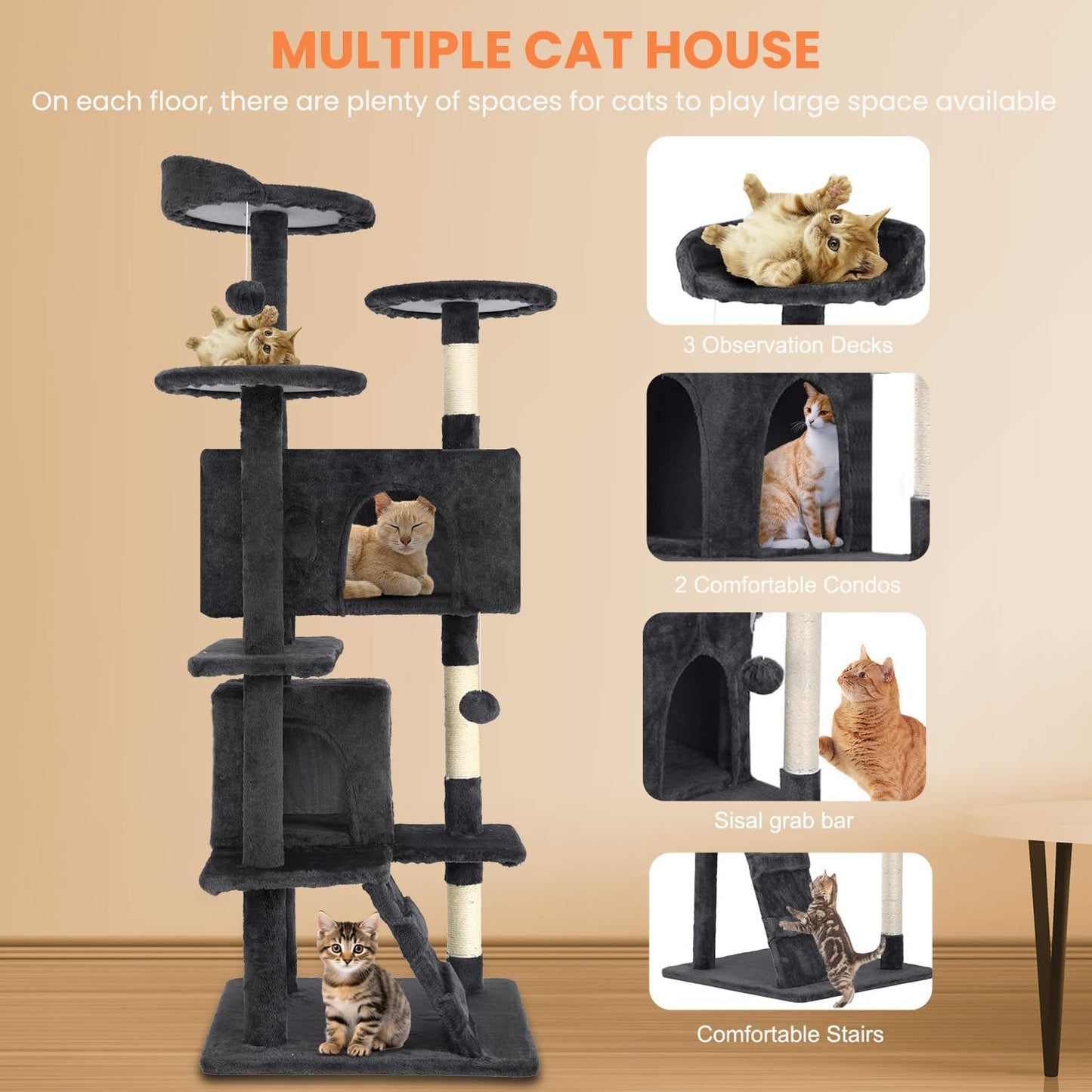54.7 inches Cat Tower for Indoor Cats, Multi-Level Cat Condos with Scratching Posts, Hanging Toys, Dark Gray