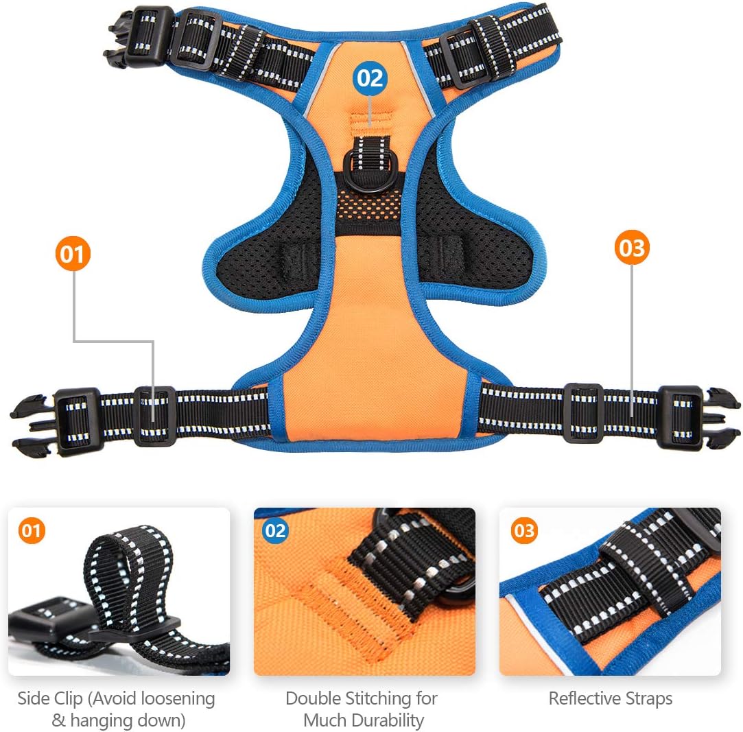 PHOEPET 2019 No Pull Dog Harnesses for Small Dogs Reflective Adjustable Front Clip Vest with Handle 2 Metal Rings 3 Buckles [Easy to Put on & Take Off] (XS, Orange)