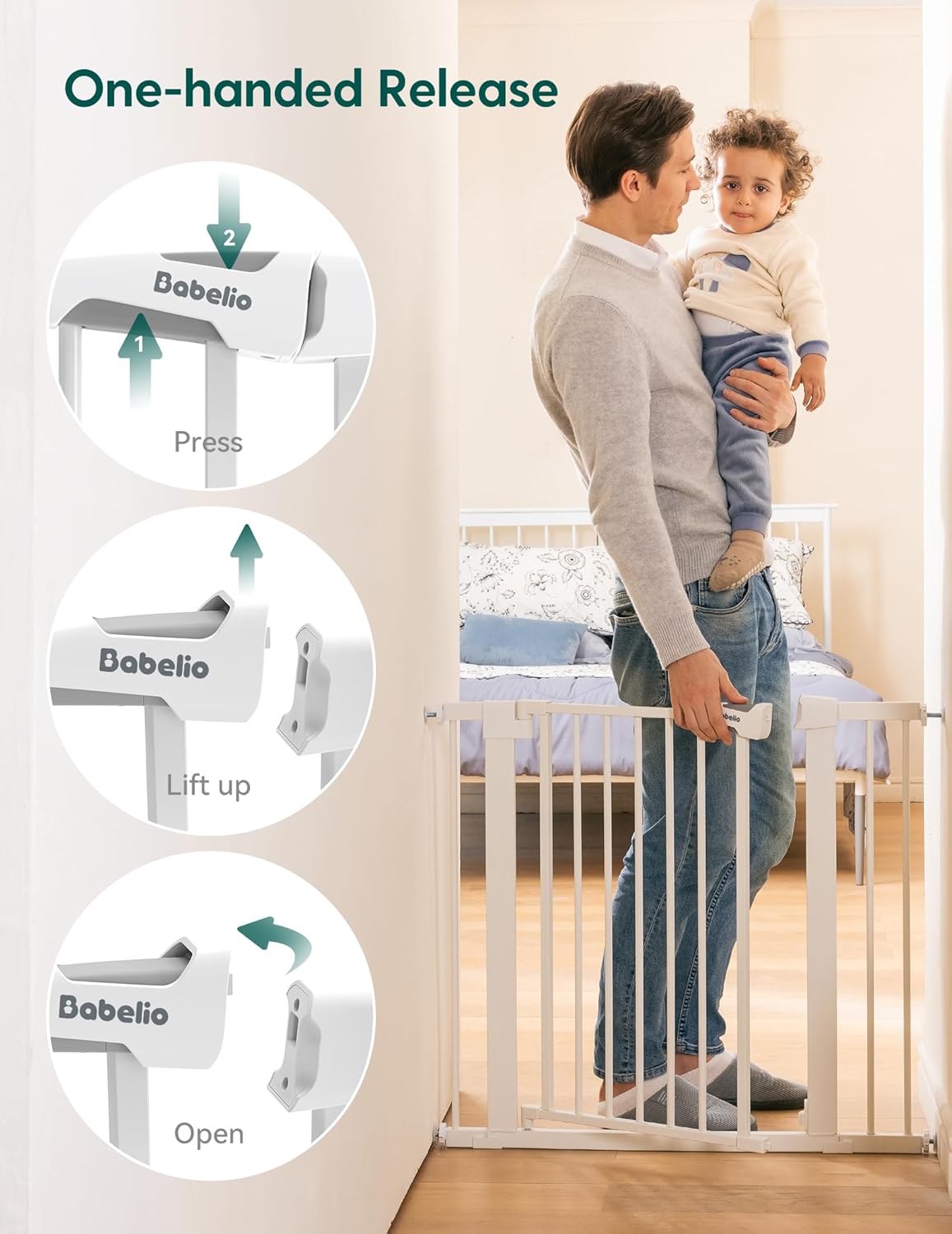 Babelio Baby Gate for Doorways and Stairs, 26''-40'' Auto Close Dog/Puppy Gate, Easy Install, Pressure Mounted, No Drilling, fits for Narrow and Wide Doorways, Safety Gate Door for Child and Pets