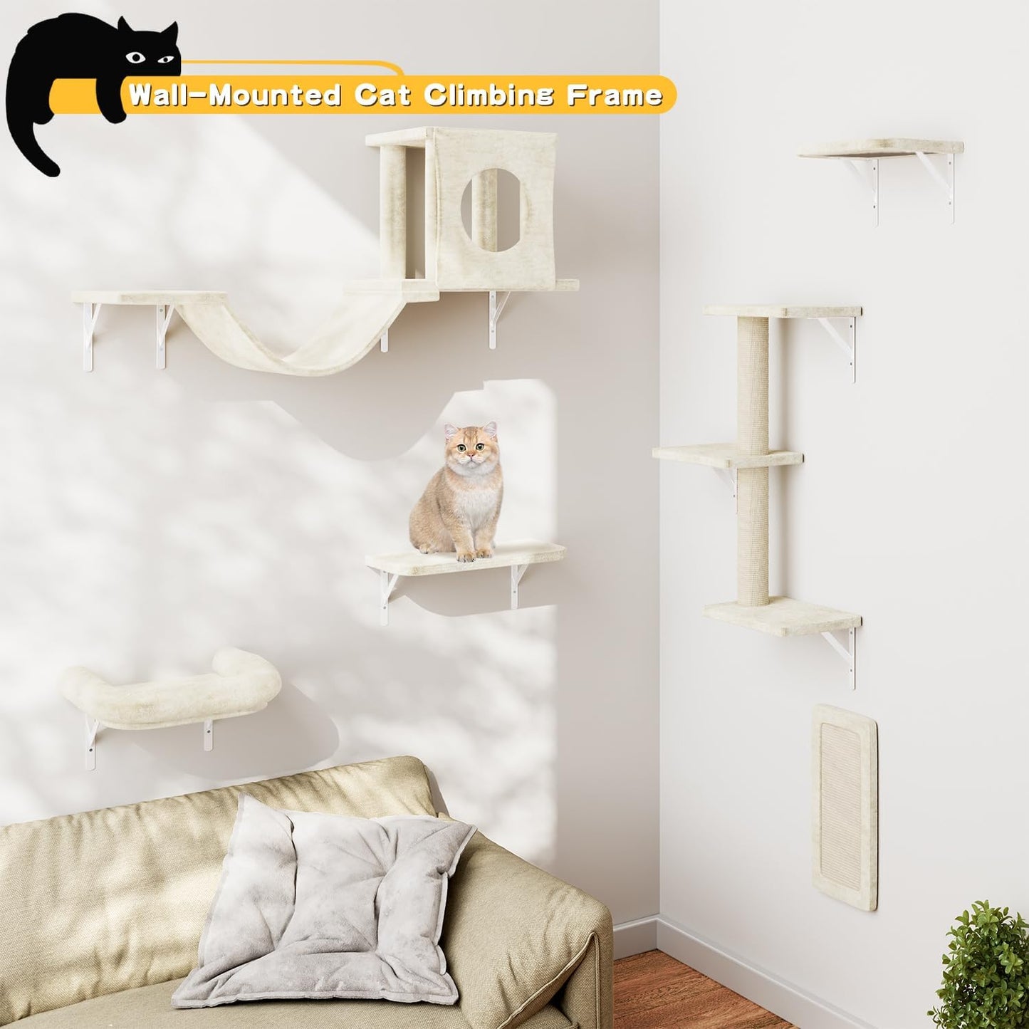 NUNU LAB Cat Wall Shelves, 6 Pcs Luxury Wall-Mounted Cat Climber Set, Indoor Cat Furniture with 1 Condos House, 2 Cat Wall Shelves, 1 Scratching, 1 Bridge Ladder, 1 Scratching Pad, White