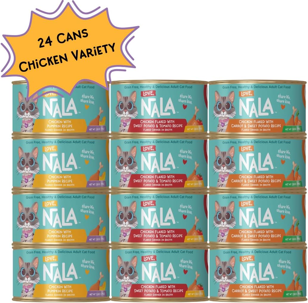 LOVE, NALA - FLAKED Chicken Variety Pack - 24 Pack - Natural Adult Cat Wet Food - Grain Free, Non-GMO, Lean Protein, Omega 3, Digestive Fiber, Added Minerals & Vitamins