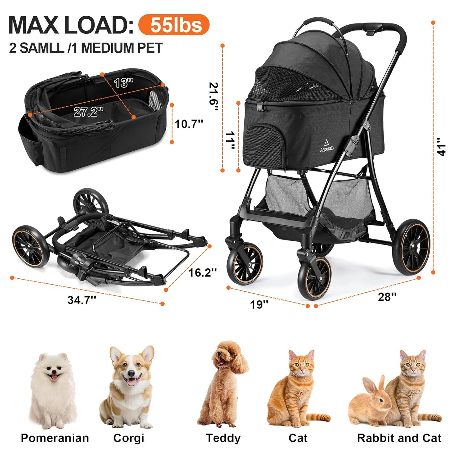 Pet Stroller for Small/Medium Dogs & Cats up to 55 lbs, Upgraded 4 Wheels Dog Stroller for Large Dogs, 3-in-1 Foldable Portable Travel Carrier for 2 Cats with Storage Basket and Cupholder