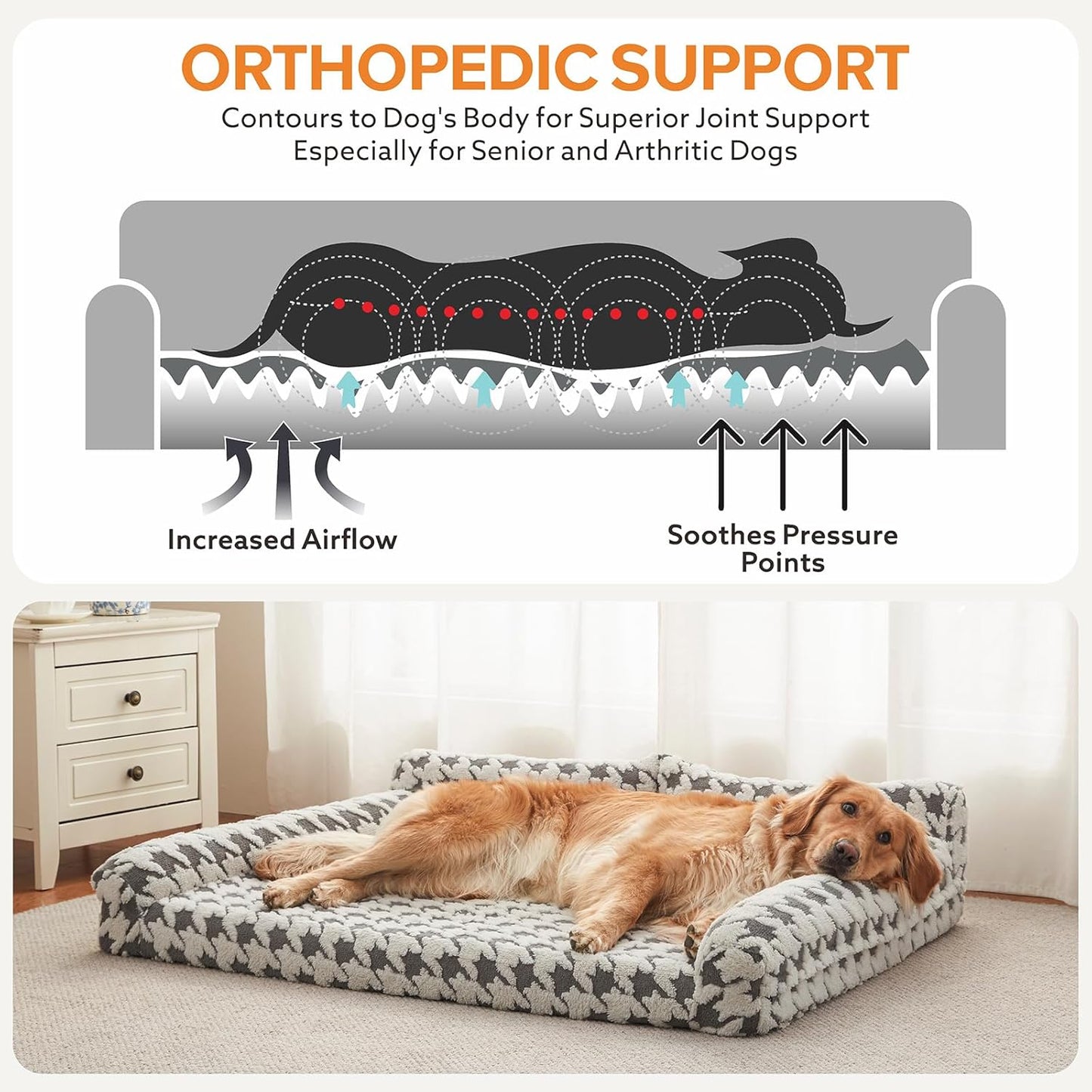 Orthopedic Dog Beds for Medium Dogs Washable, Detachable Side Bolster and Pillow, Medium Dog Sofa with Memory Foam, with Removable Cover and Non-Slip Bottom, Grey (Grey, M (28"x22.8"x9.4"))