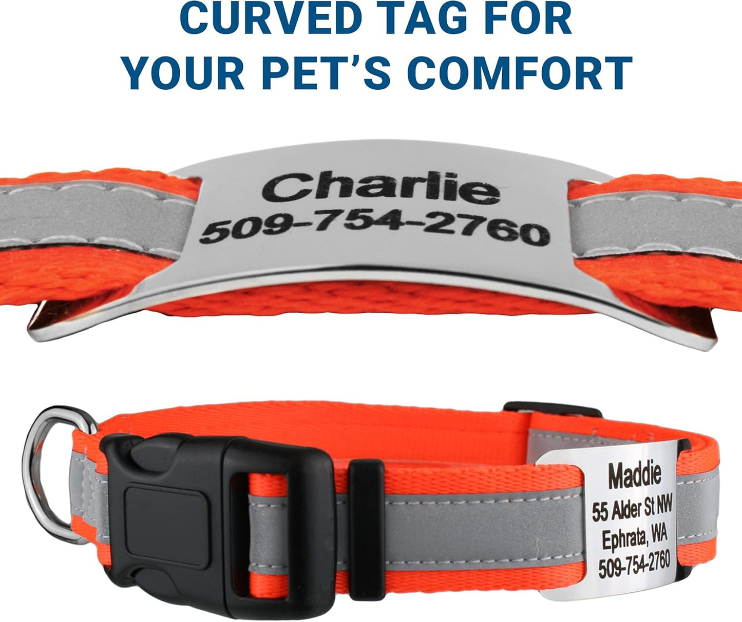 GoTags Reflective Personalized Dog Collar with Nameplate, Adjustable Dog Collar with Custom Engraved Steel Slide On Pet ID Tag, Silent, No Noise Dog Tag for Large Medium or Small (Orange, Small)