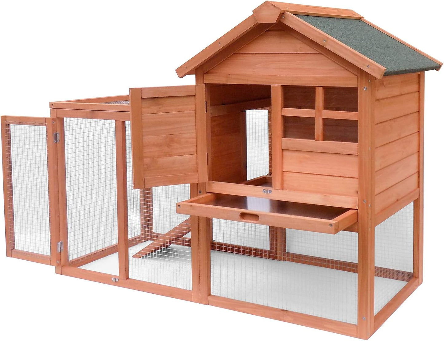 Rabbit Hutch Chicken Coop Kennel Easily Assembled 2 Story with Removable No Leak Tray Solid Fir Wood Weatherproof for Indoor Outdoor Pets
