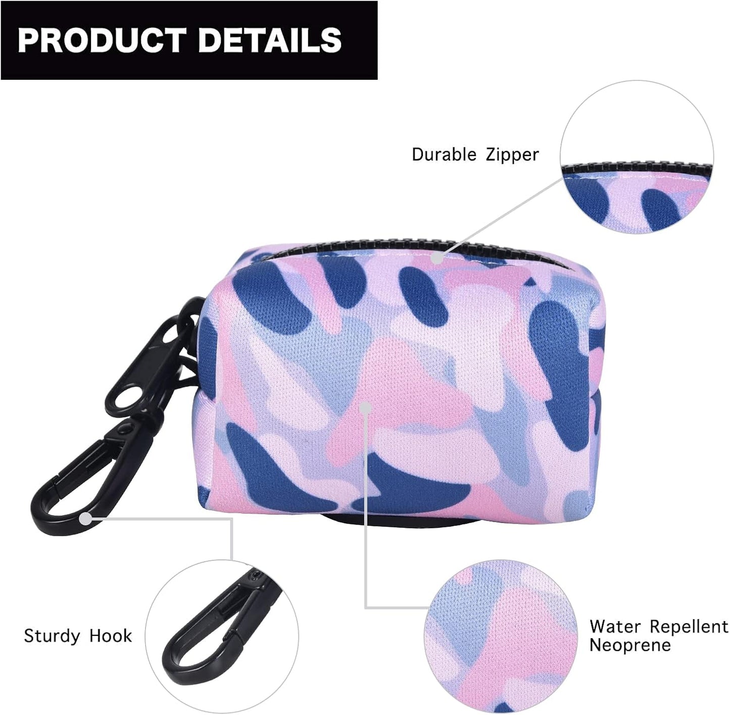 Petmolico Dog Poop Bag Holder Leash Attachment, Waste Bag Dispenser Zippered Pouch, Fits Any Leash, Includes Free Roll of Bags, 2 Pack - Blue Pink Camouflage