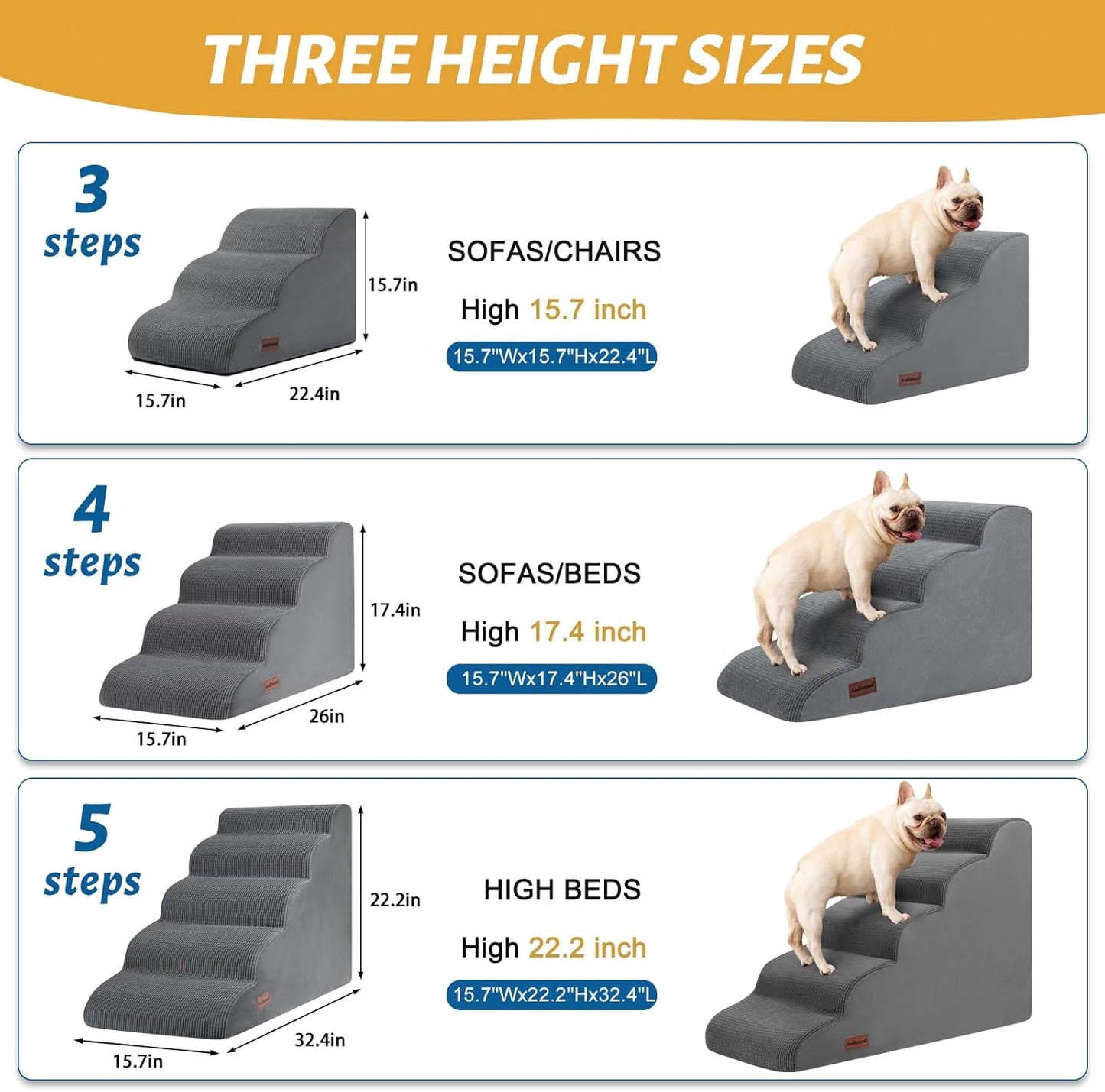 3-Step Dog Ramp and Stairs for Sofa and Chair - Non-Slip Sturdy Pet Steps for Small Dogs and Cats,15.7" H,Grey