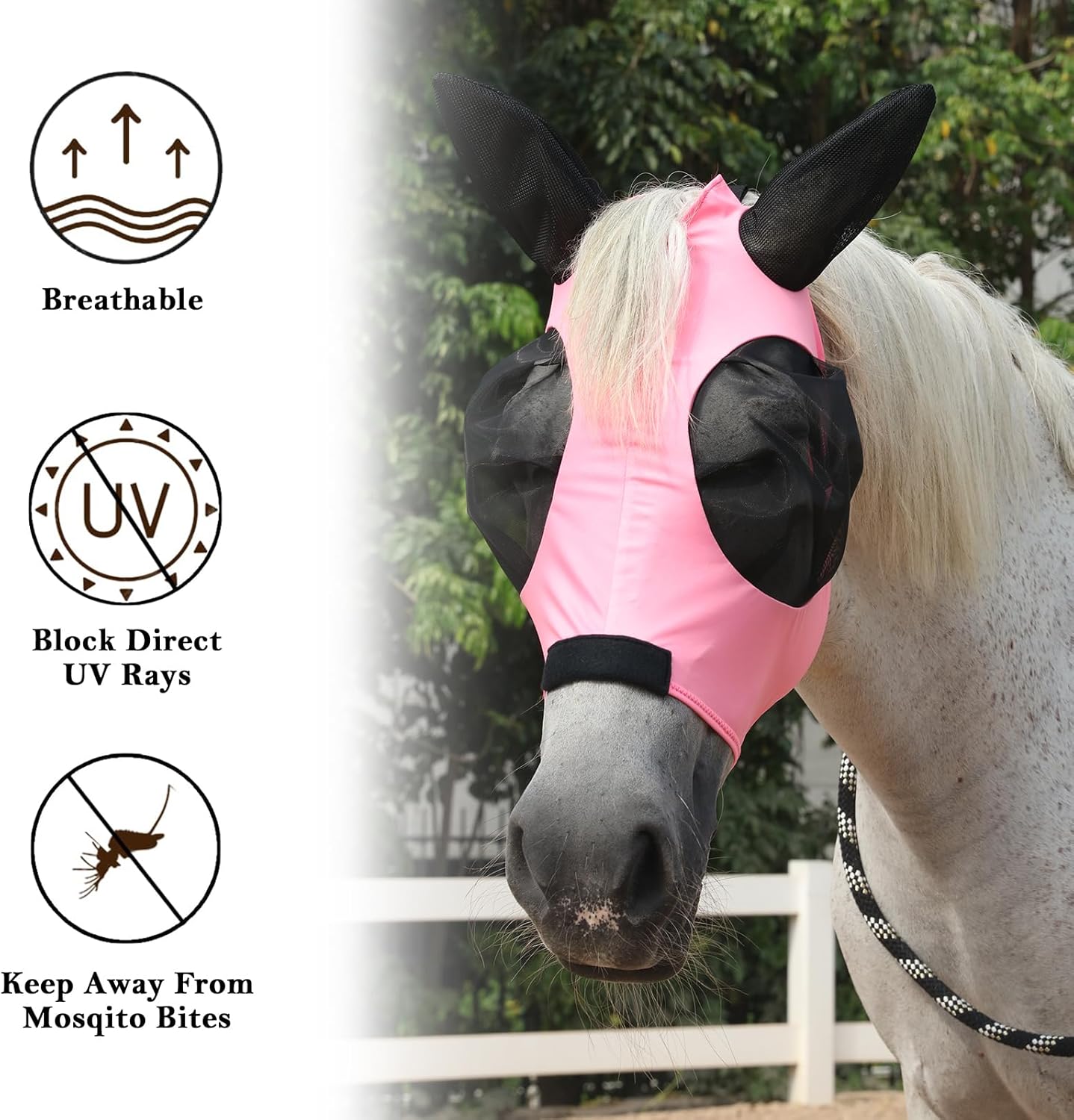 Horse Fly Mask with Ears - Large Eye Space for Full Vision, Breathable Stretch Comfort Fit, UV Protection, Forelock Opening, Easy Pull-On Pink Cob