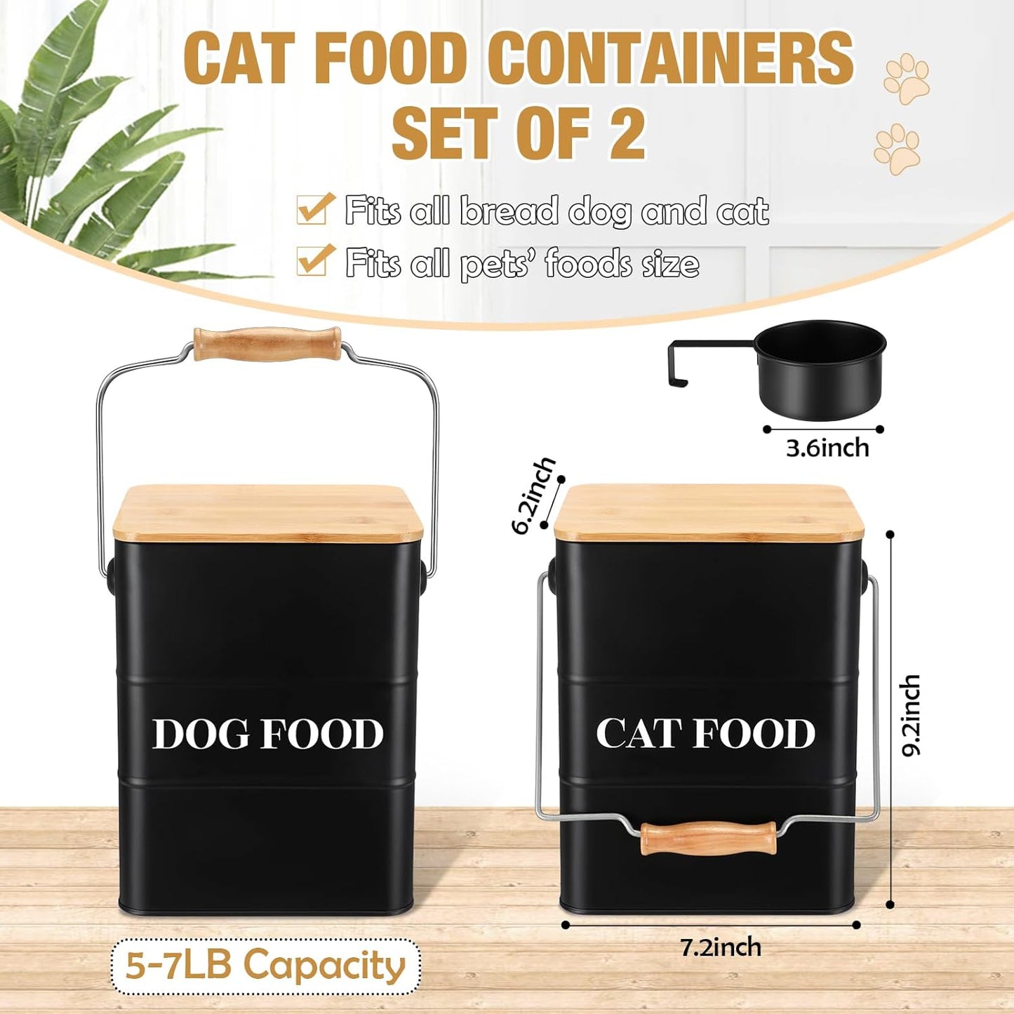Tioncy 2 Pcs Metal Dog and Cat Food Storage Containers Big Pet Food Containers with Bamboo Lids and Spoon Airtight 5-7 Lbs Dog Cat Treat Snack Jars with DIY Labels for Kitchen Counter(Black)