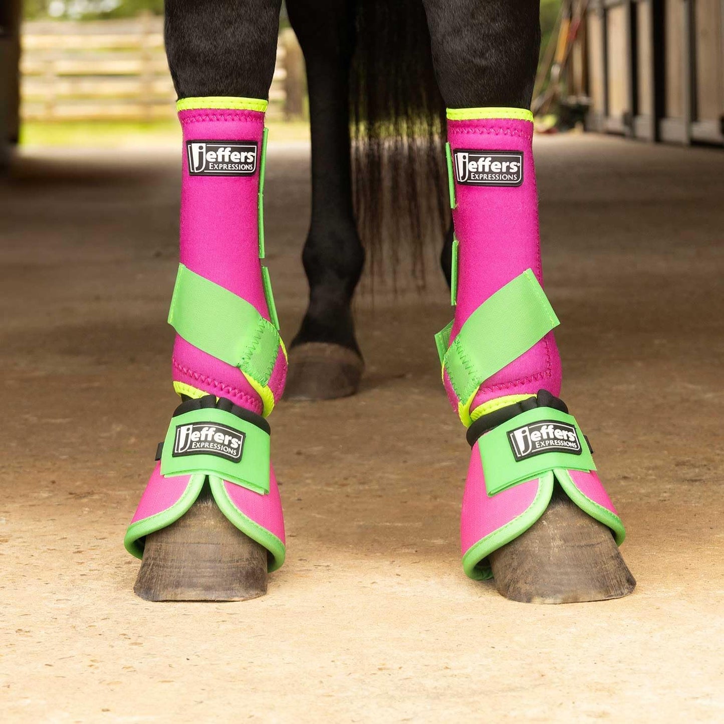 Jeffers Expression Neon Horse Boots 1 Pair – Pink & Lime, Breathable Neoprene with Secure Strap Closures, Durable Premium Protection for Jump Training & Trail Riding – Front & Hind, Large Size