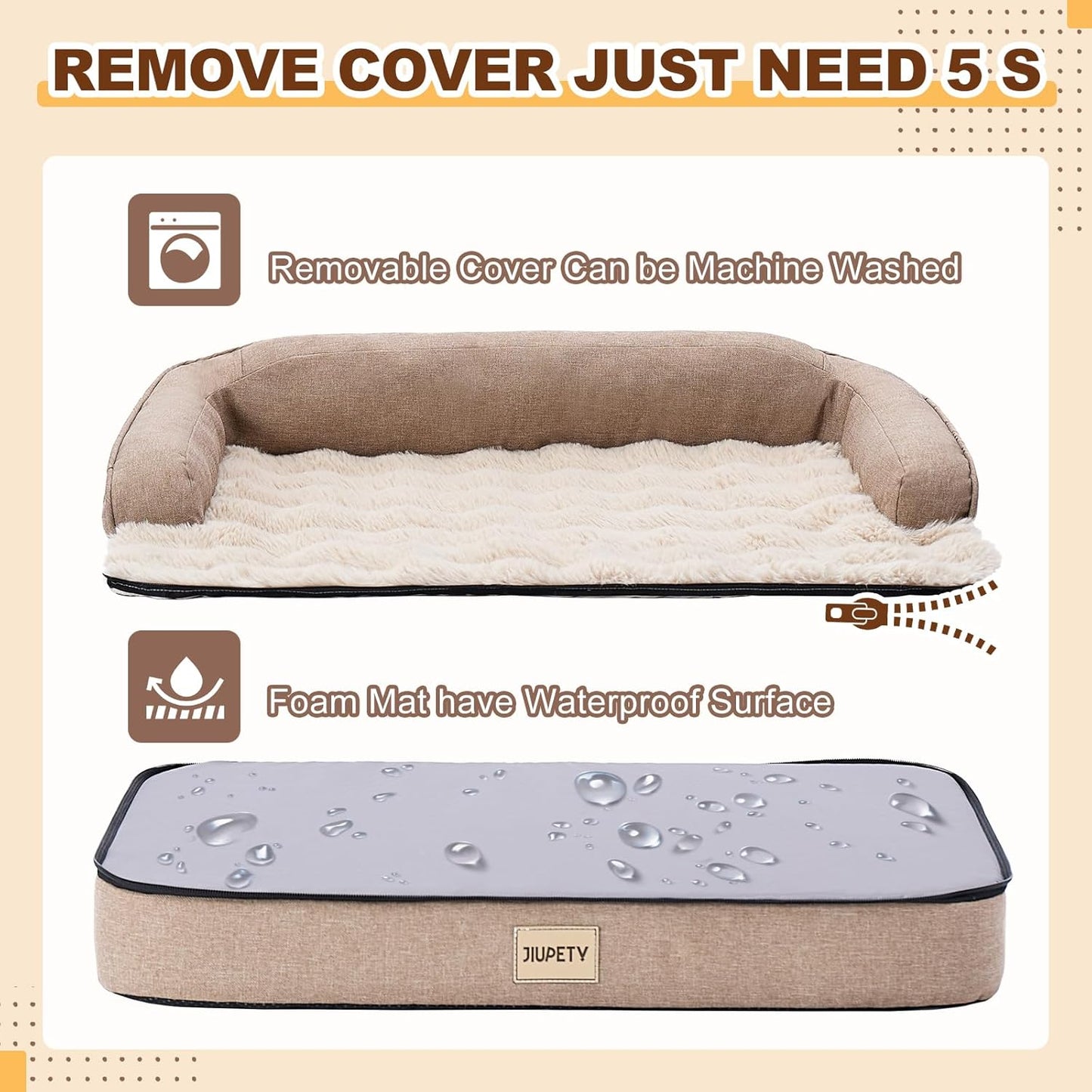 Jiupety Orthopedic Dog Bed for Medium Dogs, Egg-Crate Foam Pet Couch Bed, Washable Pet Sofa with Removable Cover, Waterproof Lining and Anti-Slip Bottom, Brown, 26"x20"x6.5"