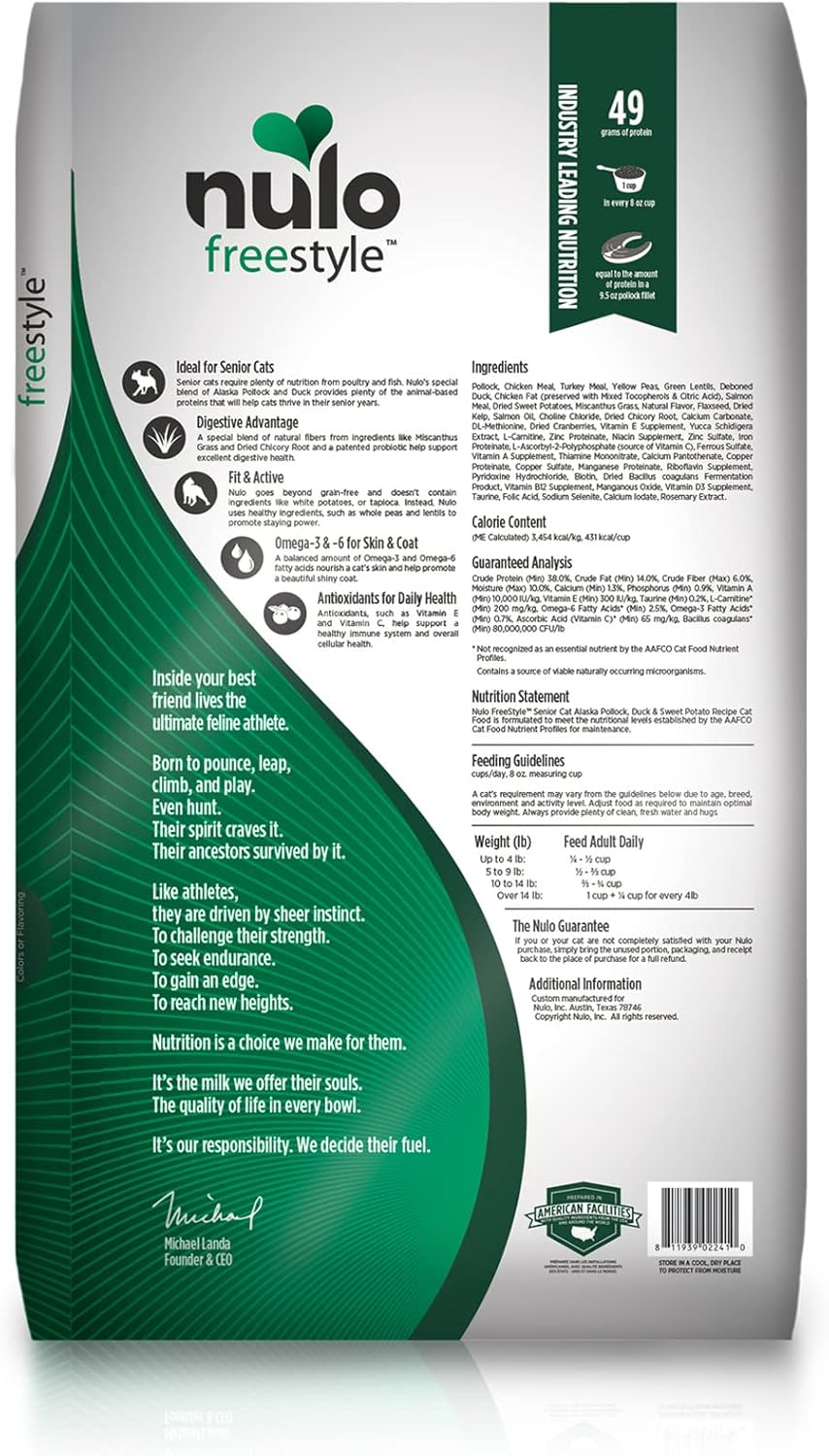 Nulo Freestyle High Protein Senior Cat Food, Alaska Pollock & Sweet Potato Recipe - Natural Grain-Free Dry Cat Food for Seniors with L-carnitine, Omega Fatty Acids, & Probiotics, 14 lb Bag