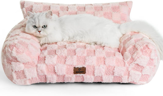 Cat Bed Cats Couch for Puppy and Kitten, Fluffy Pet Couch Small Dog Sofa Bed, Supportive Cat Sofa for Indoor Cats, Washable Cover & Non-Slip, 26 inch, Pink