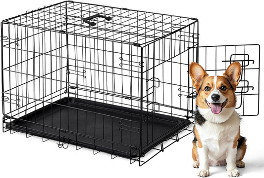 DUMOS Dog Crate, 30 Inch Medium Single Door Dog Cage with Divider Panel and Plastic Leak-Proof Pan Tray, Folding Metal Wire Pet Kennel for Indoor, Outdoor, Travel