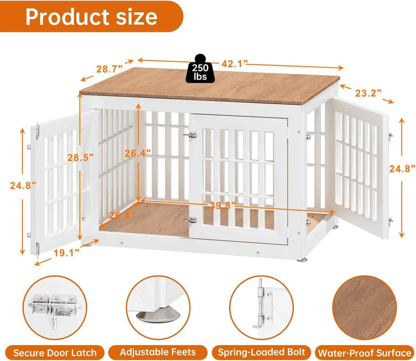 42" Heavy Duty Dog Crate Furniture for Small,Medium and Large Dogs,Rustic Wooden Dog Cage Kennel Indoor Furniture with Waterproof Top,Decorative Pet House Side End Table (White & Wood)