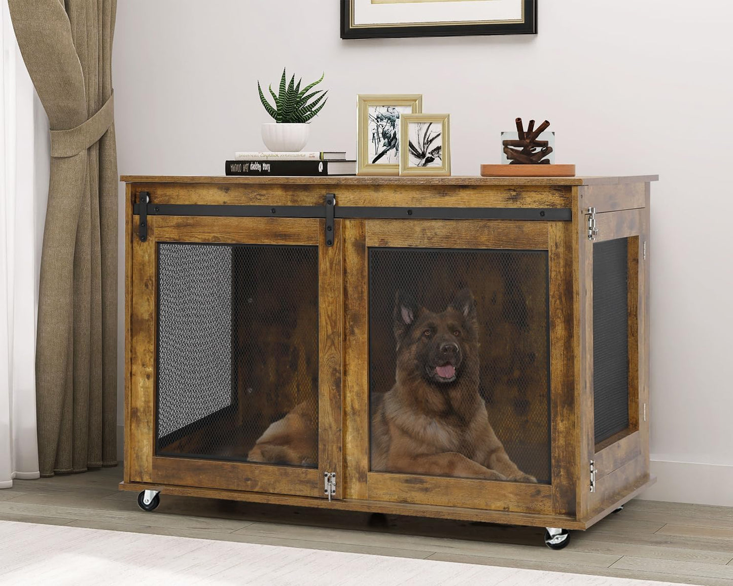 LINLUX 47 Inch Large Dog Crate Furniture, Wooden Heavy Duty XL Dog Kennel Indoor, Decorative Dog Cage Table for Large Dogs, with Sliding Doors, Wheels and Flip-top Plate, Rustic Brown