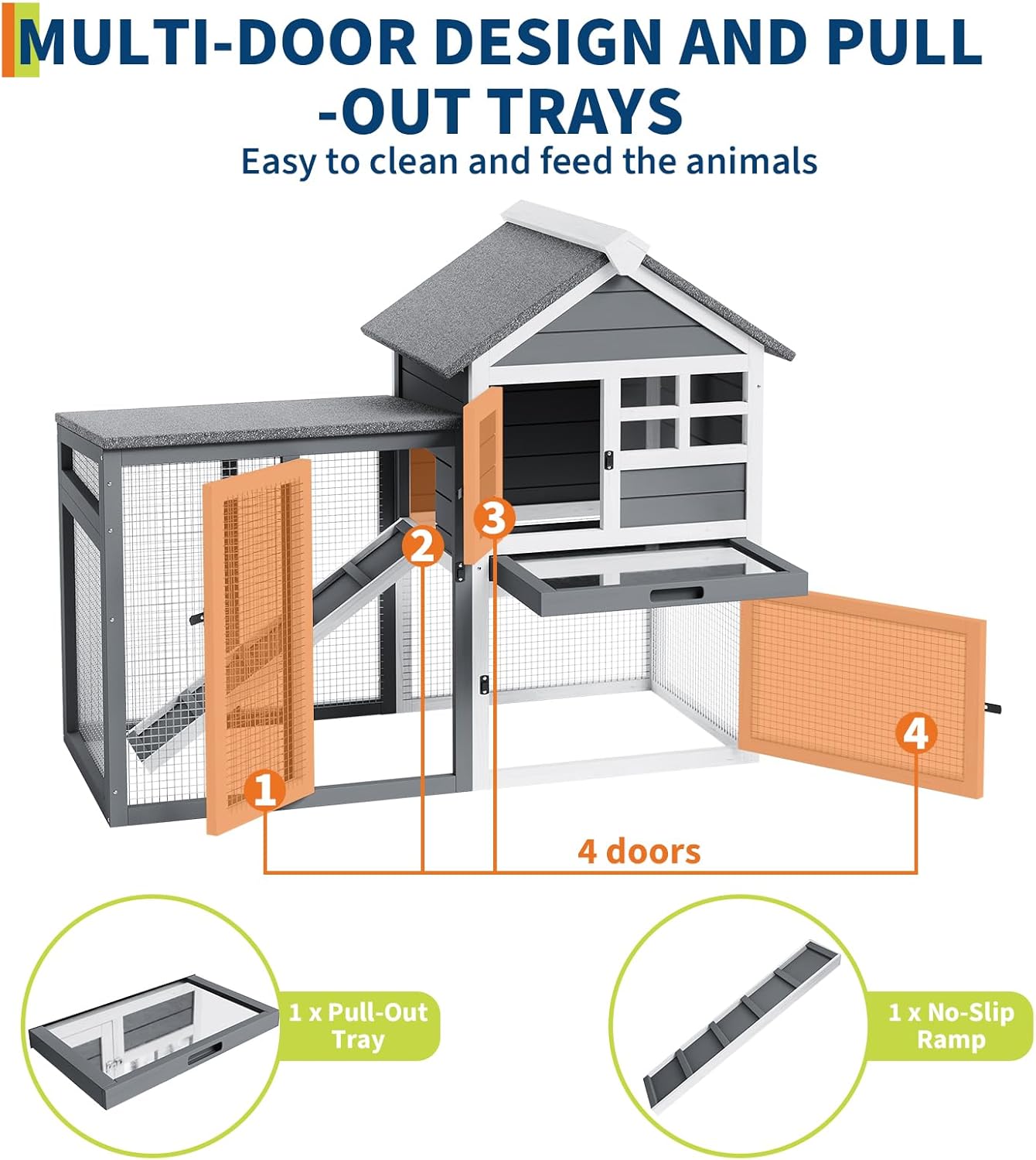 Rabbit Hutch 2-Tier, Small Wooden Chicken Coop for Outdoor Use - Weatherproof Small Animal Hutch with Non-Slip Ramp, 4 Access Doors & Removable Tray for Rabbits, Guinea Pigs, Ferrets (Indoor/Outdoor)