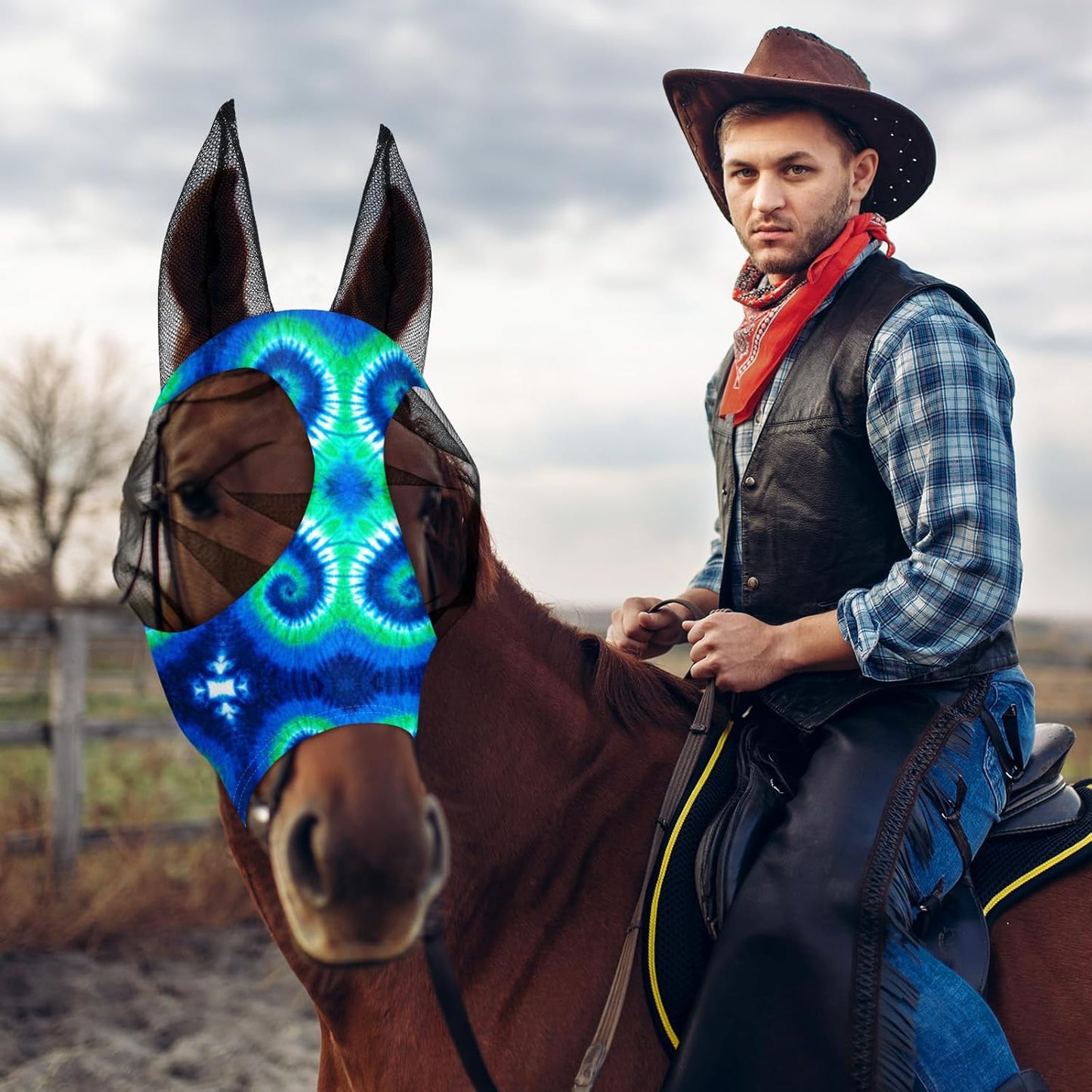 Frienda 4 Pieces Horse Fly Masks with Ears Face Covering UV Protection from Insect Pests Elasticity Smooth Comfortable Mesh Horse Mask Accessories(Tie-dye,Medium)