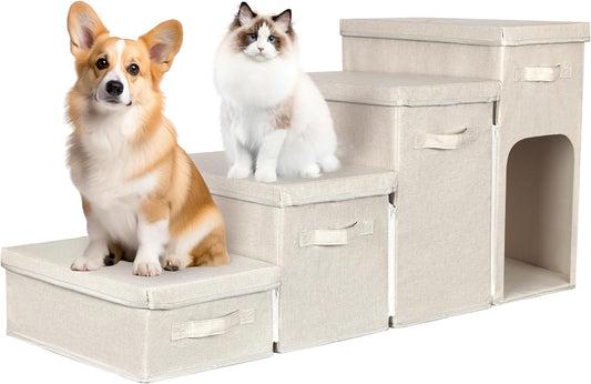 Dog Stairs with Storage, Folding Pet Steps with Zip for Small Dogs and Cats, 4-Step Pet Stairs with Pet House for High Bed, Couch and Car Ramp, Up to 200 Lbs (Beige, 4 Steps with Condo)