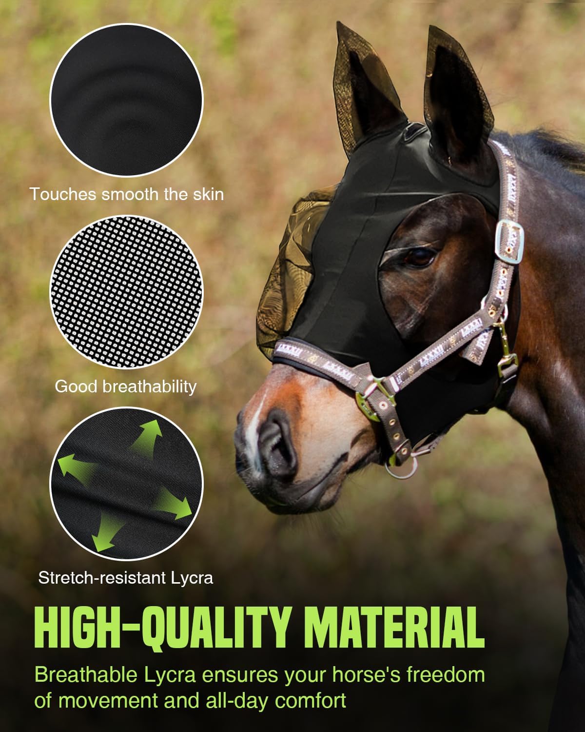 JWODVNTH Fly Masks for Horses with Ears - Large Eye Space, Comfort, UV-Block - Horse Fly Mask for Daily Stable, Hot Weather Riding, and Competition - X-Full, Black