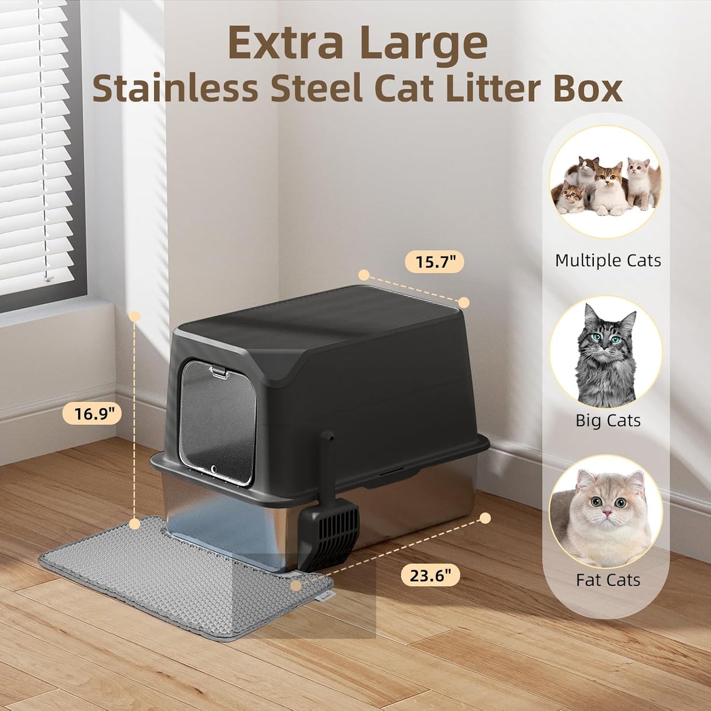 Stainless Steel Cat Litter Box with Lid, Extra Large, Great for Large & Small Cats, Easy to Clean, Anti-Leakage, Non-Sticky, Multifunctional 2 in-1 Metal Cat Litter Box - Black