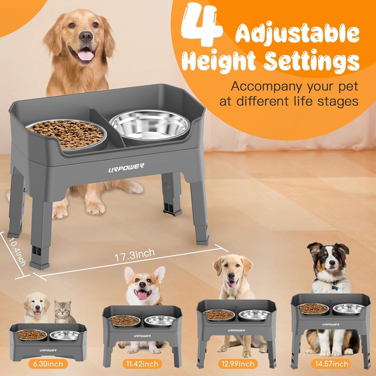 URPOWER 3-in-1 Elevated Dog Bowls - Mess Proof Double Deck 4 Height Adjustable Raised Stand with 2 Stainless Steel Food Bowls & Licking Plate for Small, Medium & Large Dogs