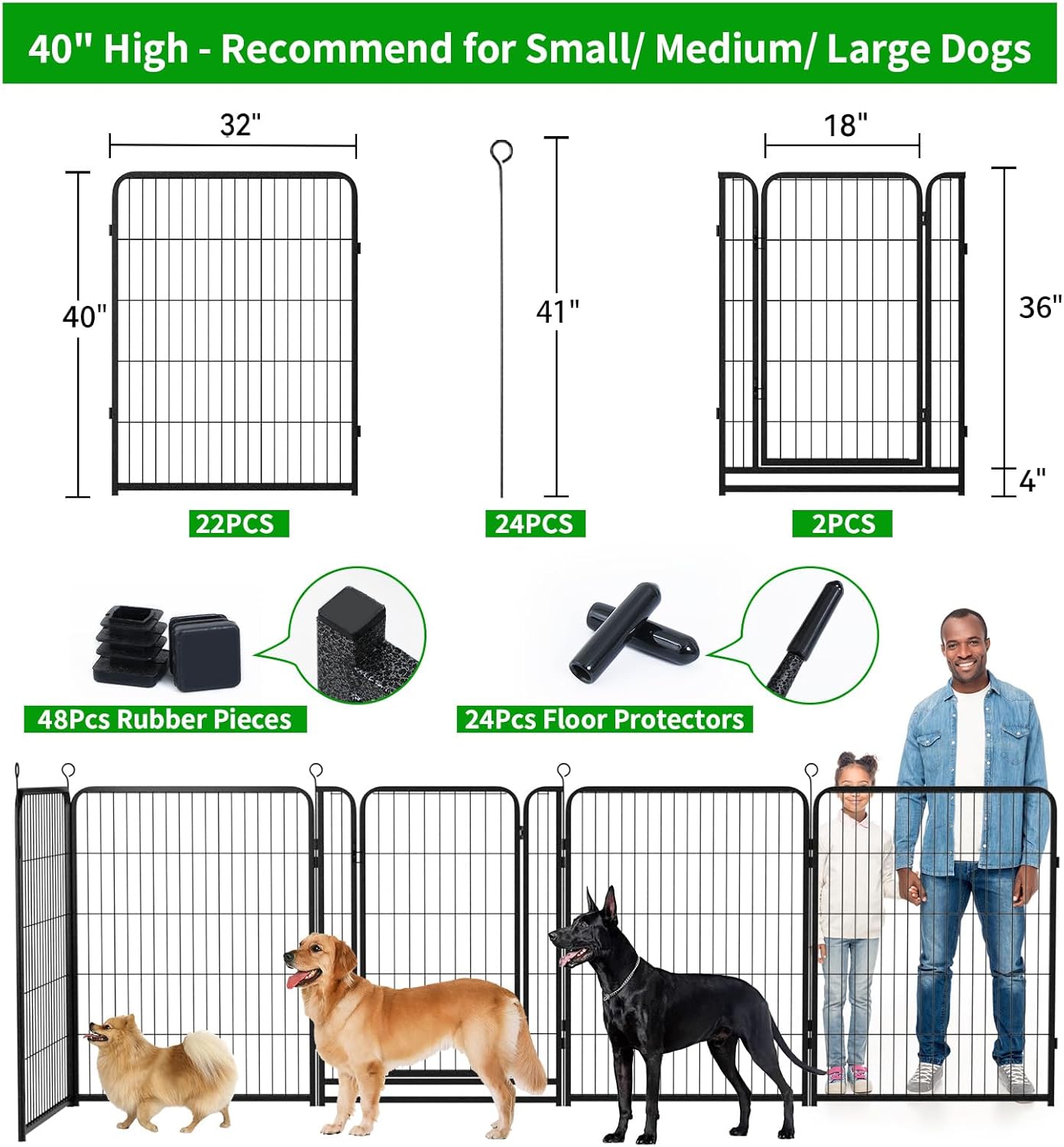 Dog Playpen Outdoor Extra Wide 24 Panels Heavy Duty Dog Fence 40" Height Anti-Rust with Doors Portable for RV Camping Yard, Total 63FT, 316 Sq.ft, Snowy Black
