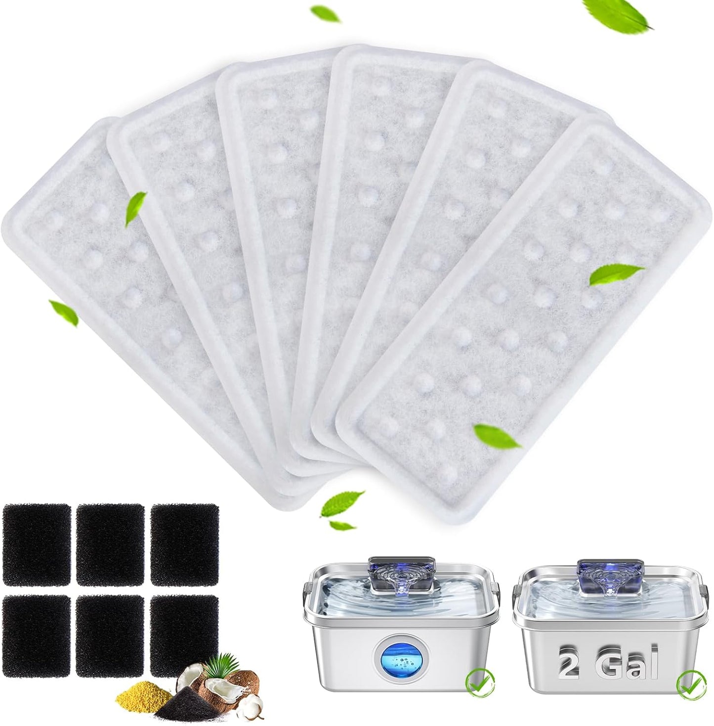 6 Pack Dog Water Fountain Filters and 6 Pack Sponges, Suitable for Stainless Steel 2Gal/264oz Dog Water Fountain (PF-SS-01/PF-SS-02), High Efficiency Filtration, Idividual Package