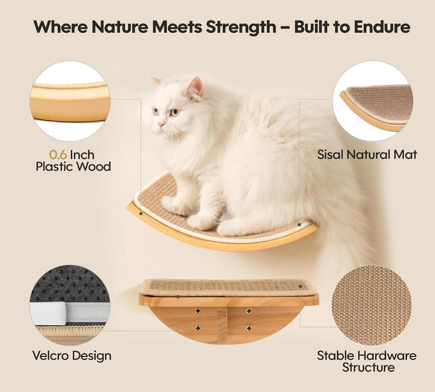 Wood Cat Wall Bed with Sisal Mat – Curved Cats Shelf for Scratching and Sleeping, Wall Mounted Cat Furniture for Large Cats