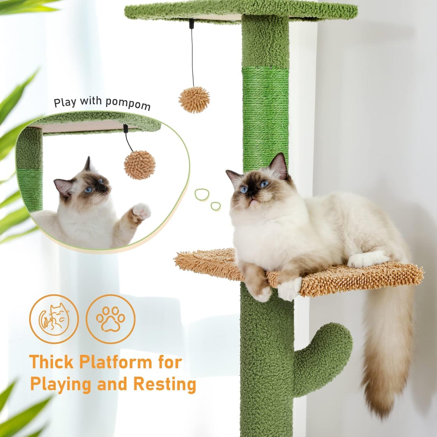 PAWZ Road Cat Tree, Cactus Floor to Ceiling Cat Tower with Adjustable Height(95-108 Inches), 5 Level Cat Climbing Tower with Cozy Hammock, Platforms and Dangling Balls for Indoor Cats