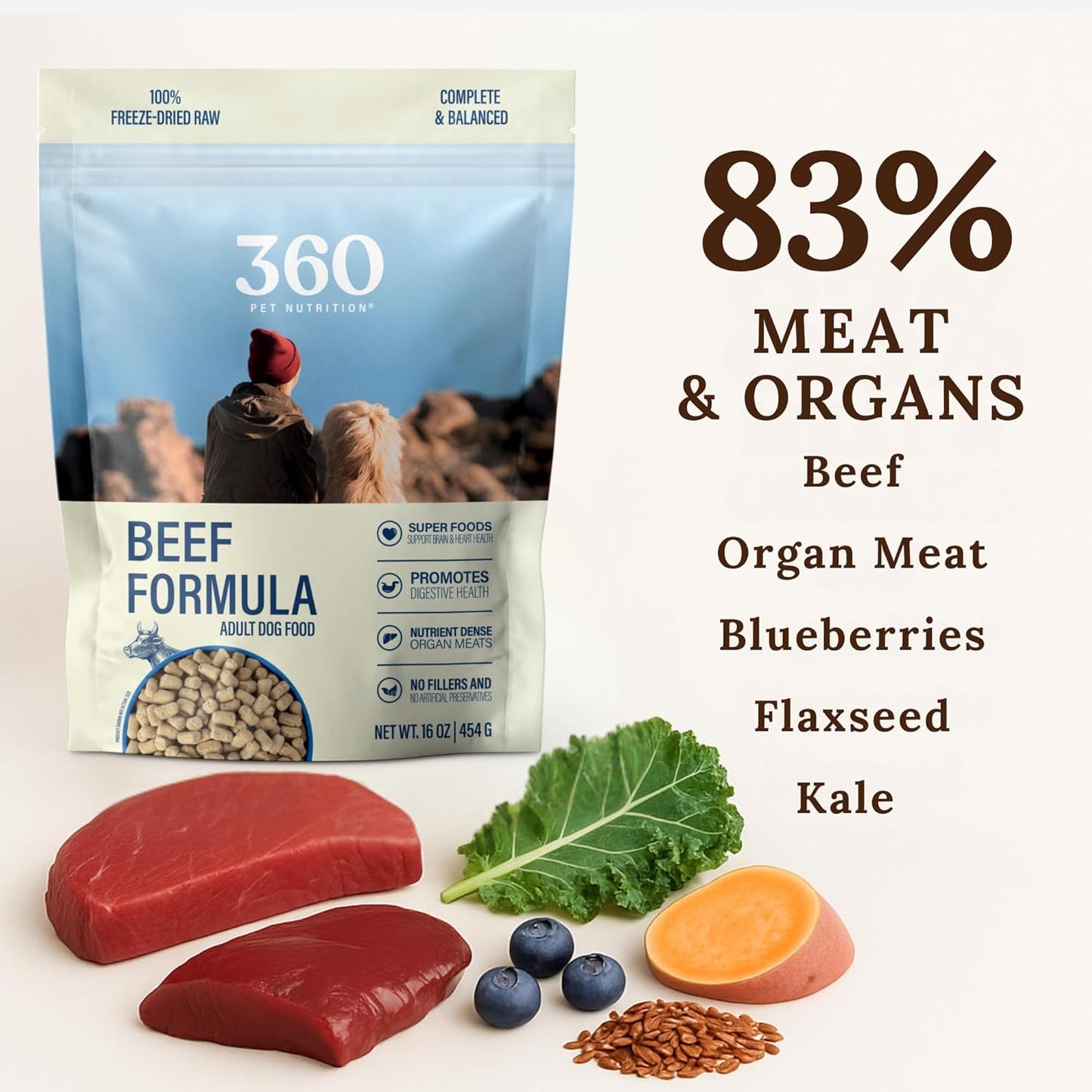 360 Pet Nutrition Freeze-Dried Raw Dog Food – Beef Recipe with Liver & Organs, High Protein with Omega-3s, Fruits, Veggies & Superfoods, Grain-Free, No Fillers, 1 lb – Made in USA