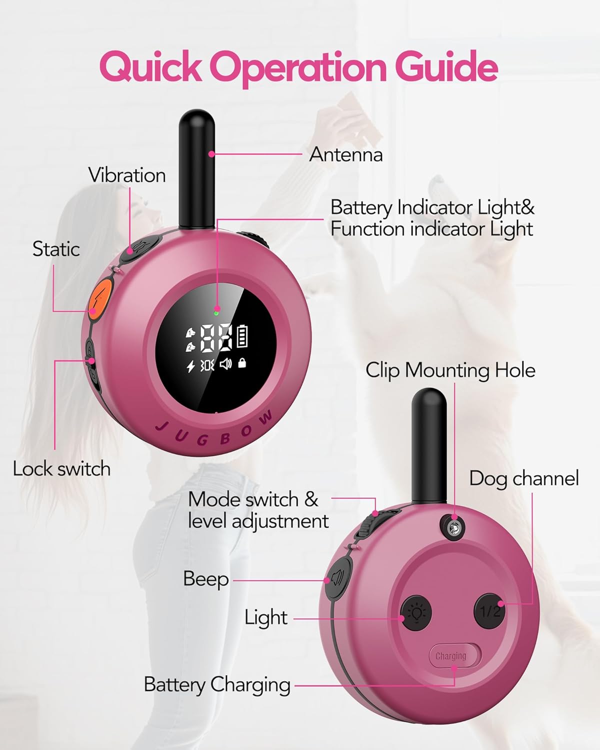 Jugbow Dog Training Collar - 3/4 Mile Remote Dog Shock Collar with 3 Training Modes, Electric Collars with LED Light & Security Lock, IPX8 Waterproof Rechargeable E-Collar for Large Medium Dogs (Pink)