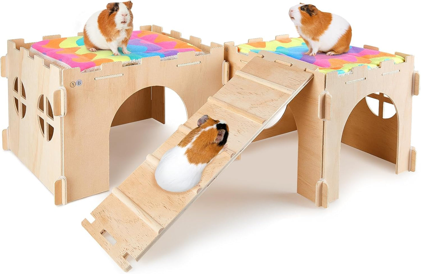 Guinea Pig Hideout, Guinea Pigs House with Stairs and Mats Extra Large Guinea Piggy Castle Detachable Hideouts for Small Animals Wooden Guinea Pig Habitats with Multiple Doors and Windows