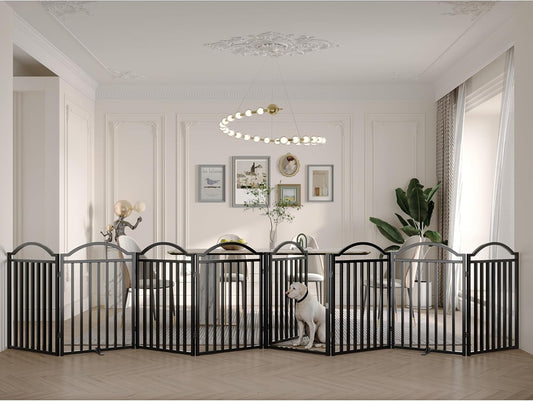 BHG Metal No-Assembly Freestanding Dog Gate with Door Walk Through, Extra Wide 96", Extra Tall 32" Pet Gate, Accordion Puppy Folding Playpen Dog Fence, with 2PCS Support (Black, 8 Panels)