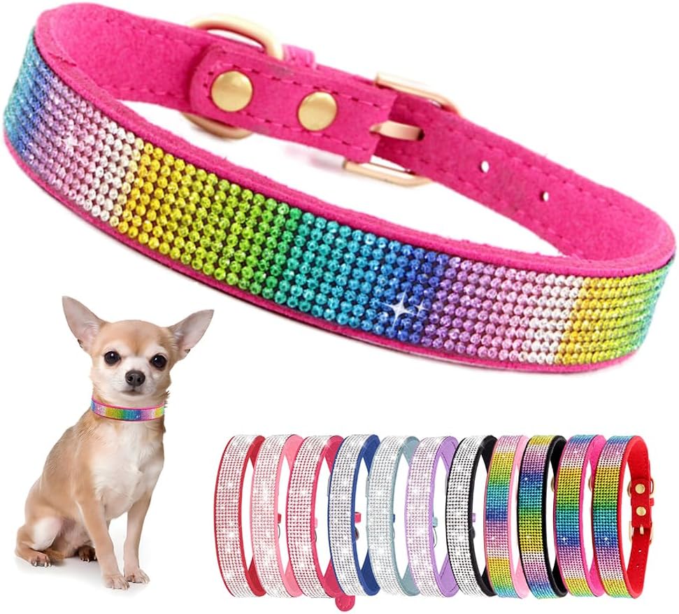 Rhinestone Dog Collar for Small Dogs, Bling Diamond Fancy Crystal Glitter Pretty Jewel Pet Puppy Collars for XXS XS Small Medium Large Breed Girl Dogs Female Cats Kitten, Colorful Hot Pink M