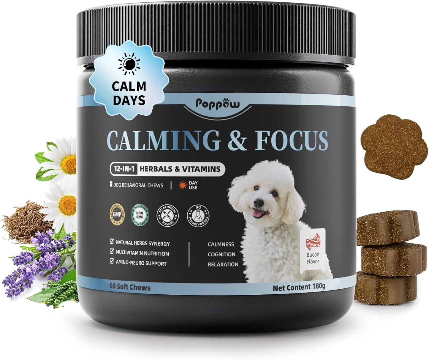 Calming Chews for Dogs – Calming Treats for Anxiety, Stress, Separation, Travel&Thunder, Relaxation & Focus Support with L-Theanine, Valerian Root, Chamomile & Ashwagandha, Bacon Flavor, 60Ct