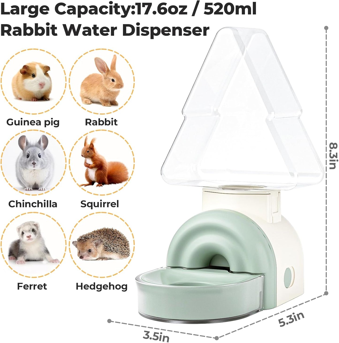 mini&moe Rabbit Water Bottle - 17.6oz Guinea Pig Water Bottle No Drip for Cage Automatic Gravity Silent Hanging Bunny Water Dispenser with Floating Bowl for Hamster, Gerbils, Ferret, Chinchilla