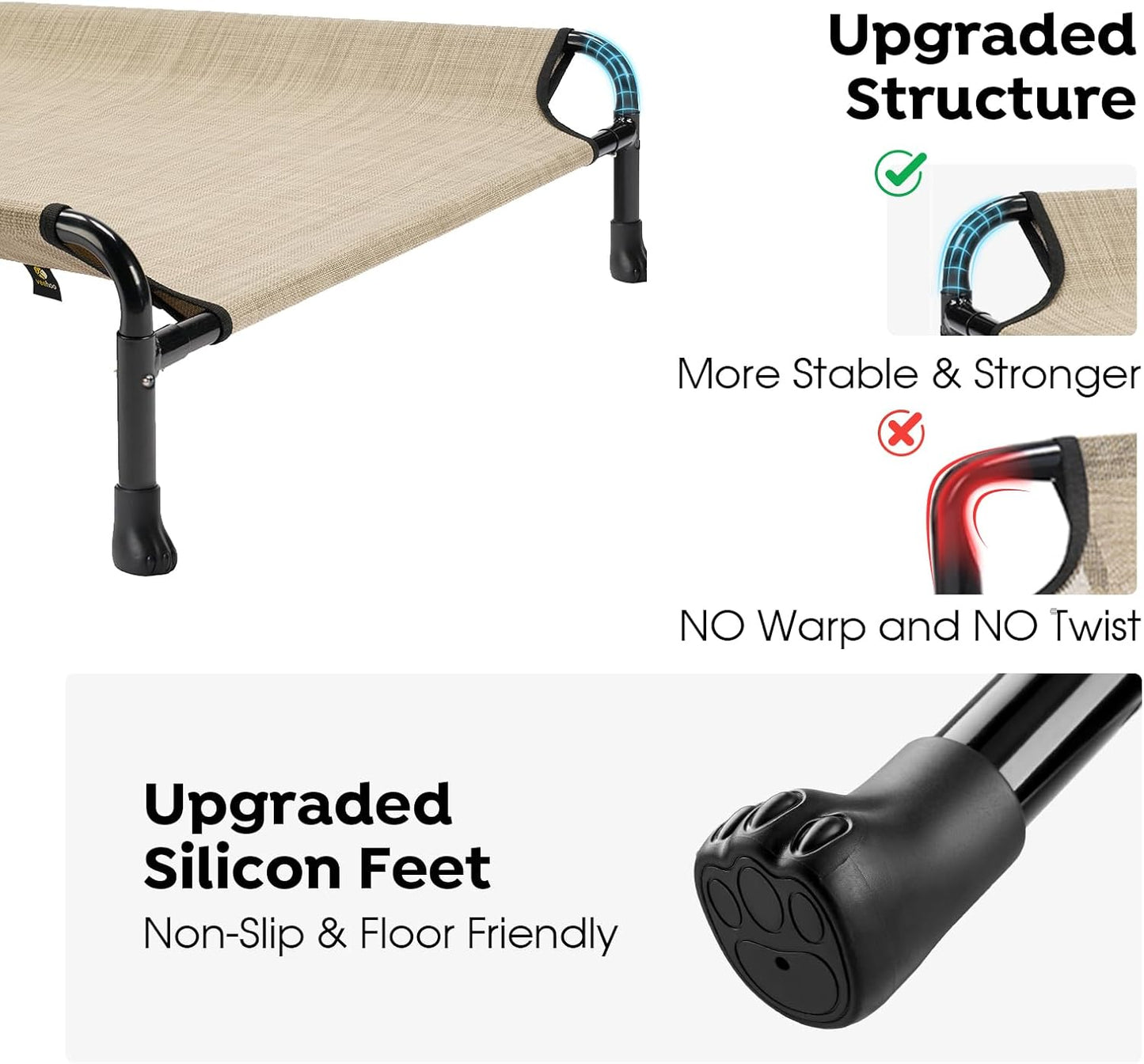 Veehoo Elevated Dog Bed, Cooling Raised Dog Bed with Guardrail & Headrest, Upgraded Non-Slip Silicon Feet, Breathable Teslin Mesh, Portable Pet Cot for Indoor and Outdoor, 35 x 22 Inches, Beige Coffee