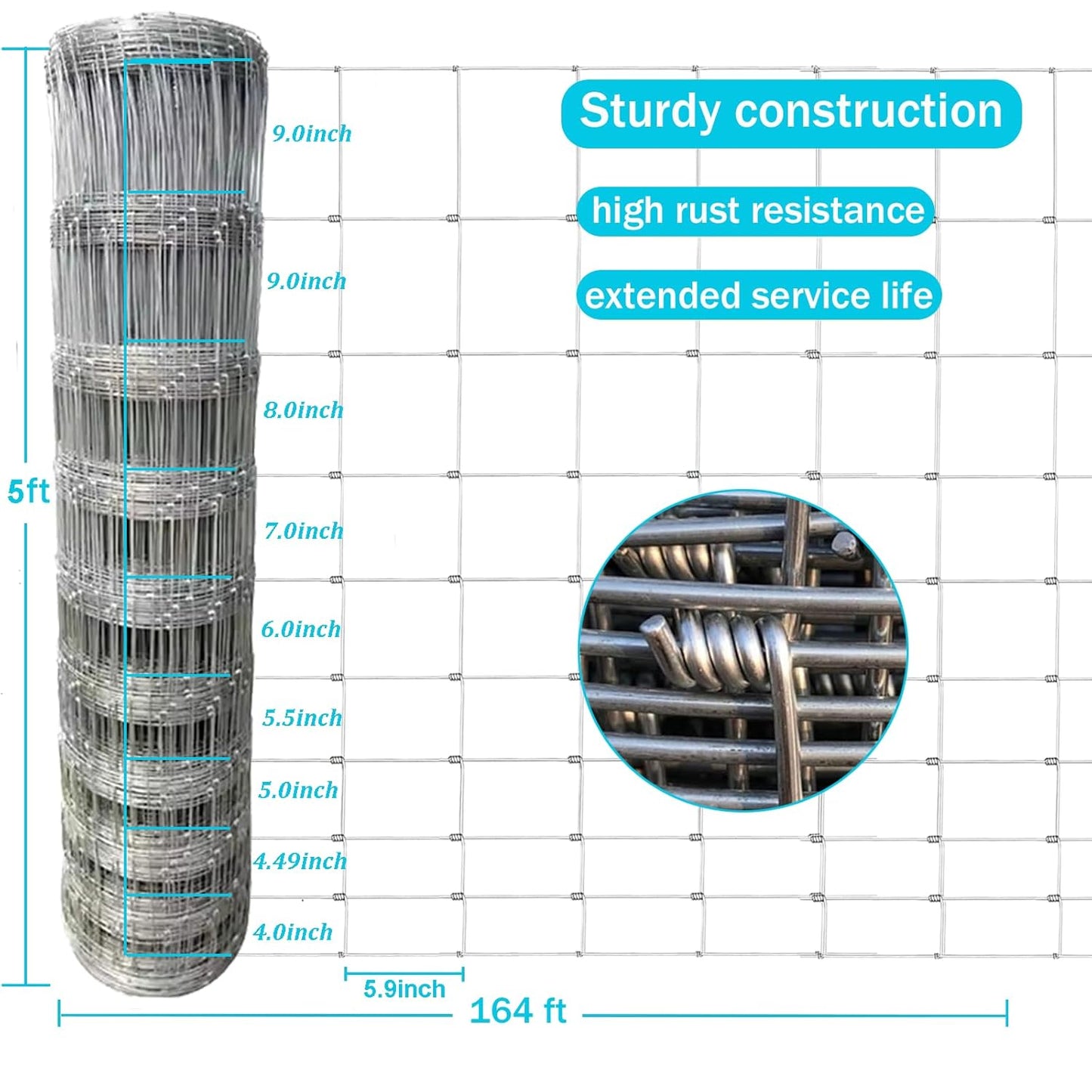 Farm Fence 5x164FT, Galvanized Wire Fencing, Zinc Coated Cattle Fences Used to Hog Goat Fencing for Yard Garden and Field
