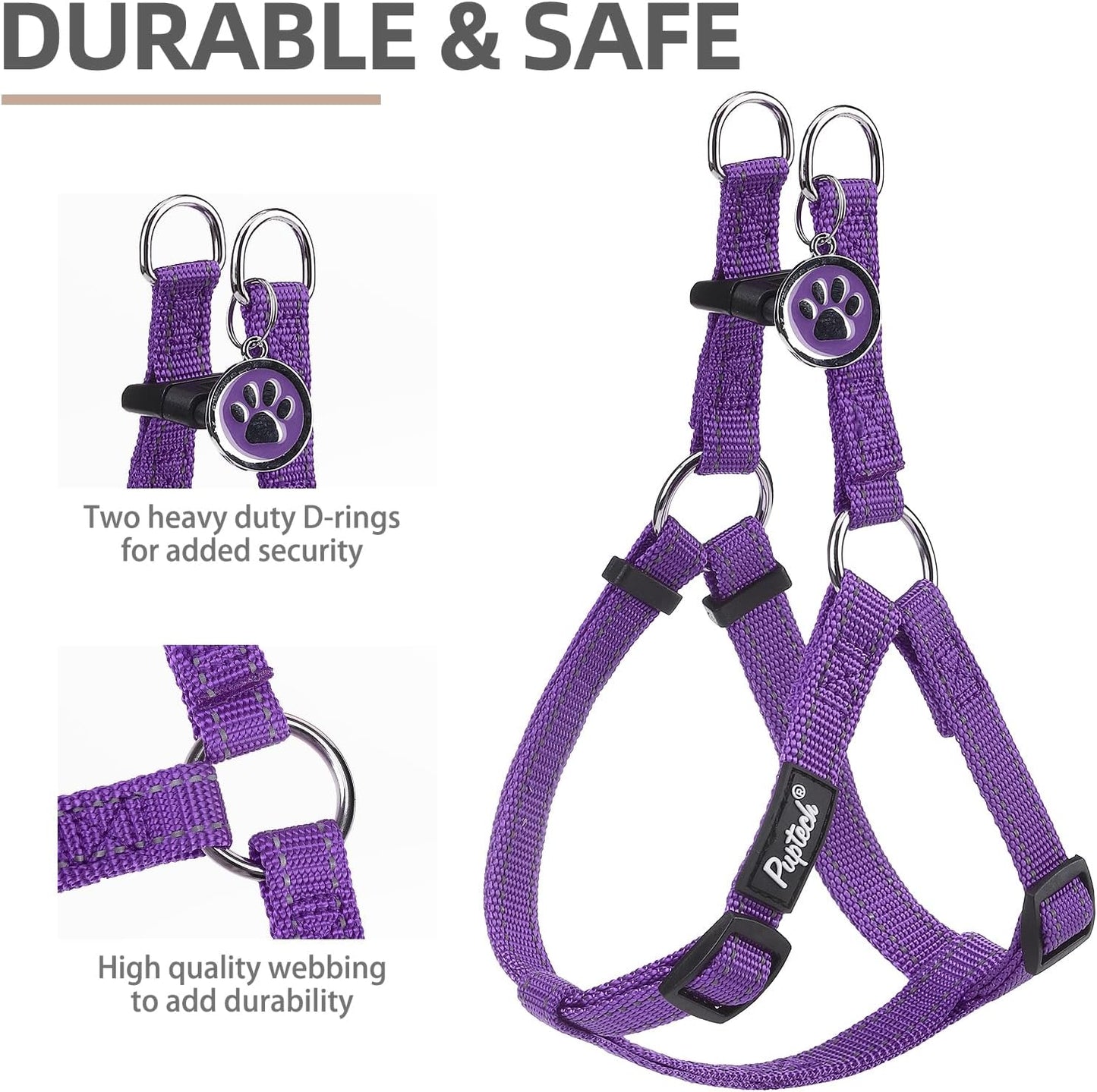 PUPTECK No Pull Dog Harness Soft Adjustable Basic Nylon Step in Puppy Vest Outdoor Walking with ID Tag, Reflecive Purple, S