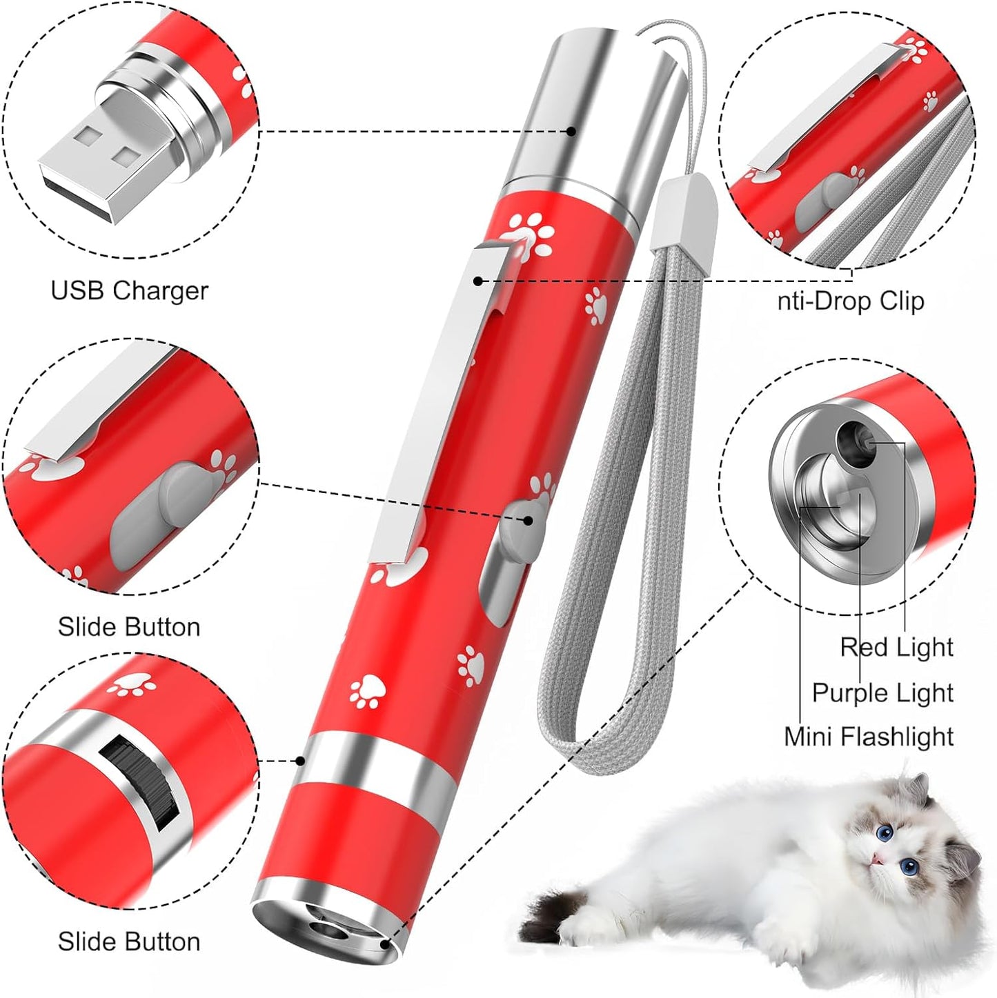 EAWONGEE Cat Toys Rechargeable, Indoor Cats Chase Light, Interactive for Kitty Pet Dog with 3 Light Modes 5 Patterns, Red